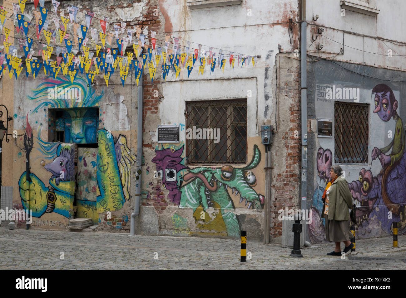 Igoogle graffiti art de rue dans la vieille ville de Plovdiv, Bulgarie Banque D'Images