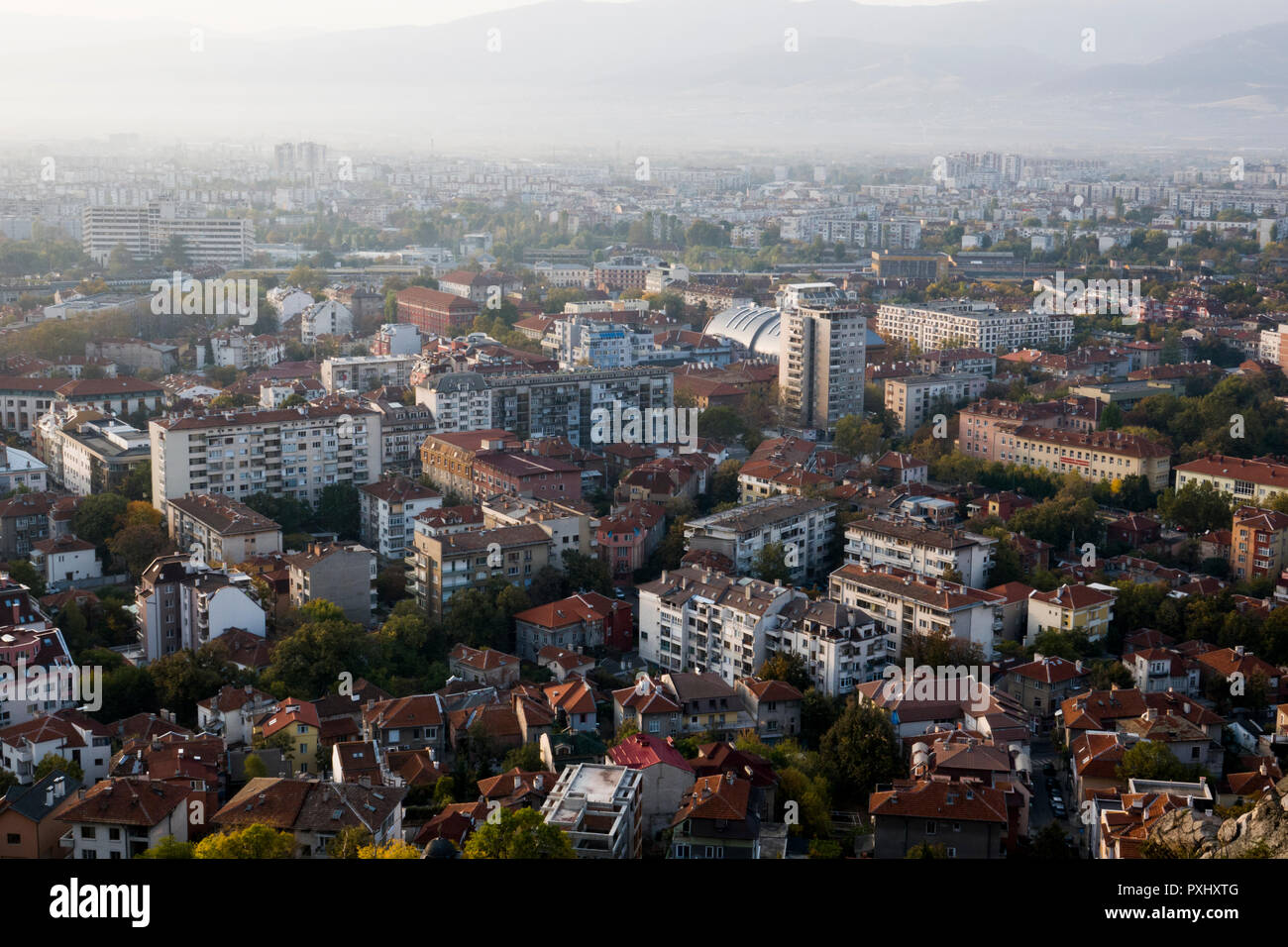 High angle vue panoramique des quartiers de banlieue dans la région de Plovdiv, Bulgarie Banque D'Images