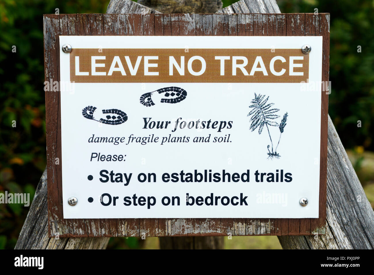 Leave No Trace signe sur un sentier menant au mont Cadillac, l'Acadia National Park, Maine, USA. Banque D'Images