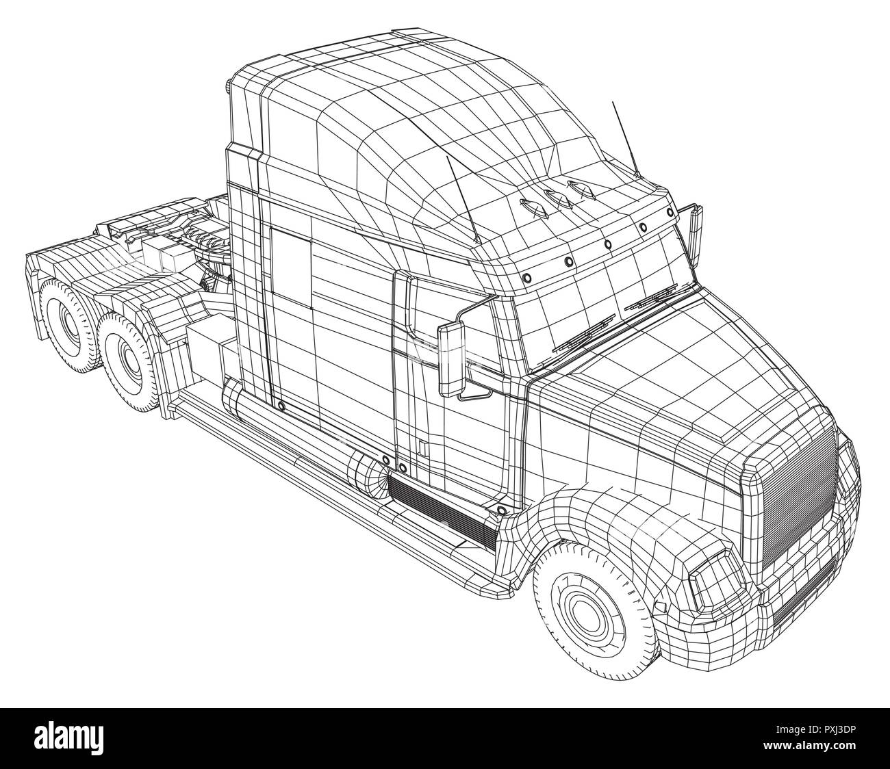 Camion, remorque d'huile. Camion-citerne d'essence. Illustration de création 3d. Wire-frame. Illustration de Vecteur