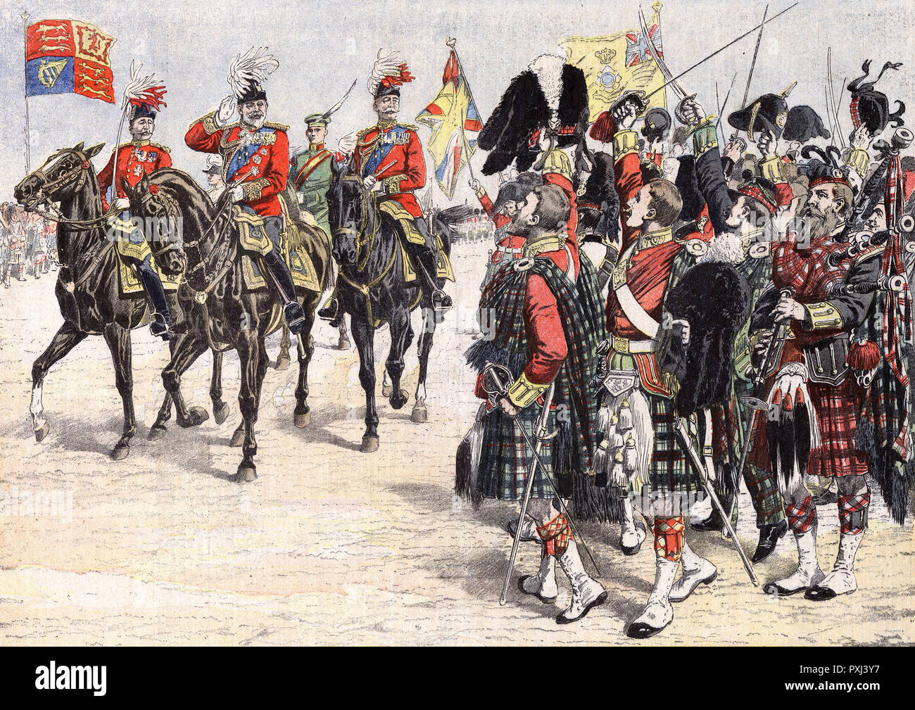 Le roi Edward VII et les soldats écossais, 1905. Banque D'Images