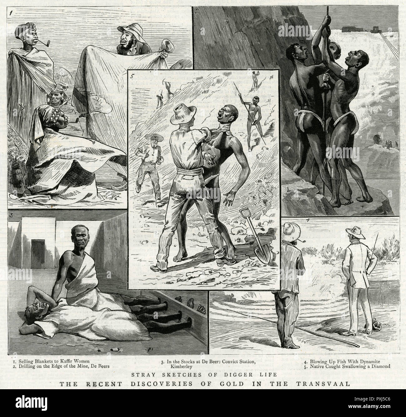 Diverses scènes montrant le mauvais traitement des travailleurs noirs dans les mines de diamants d'Afrique du Sud. Date : 1887 Banque D'Images
