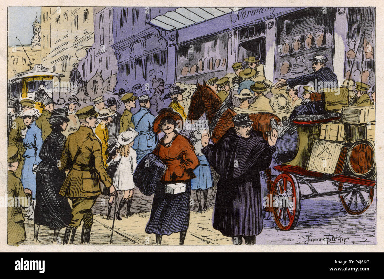 WW1 - circulation dense - rue Rouen - Confistioner's Shop Banque D'Images