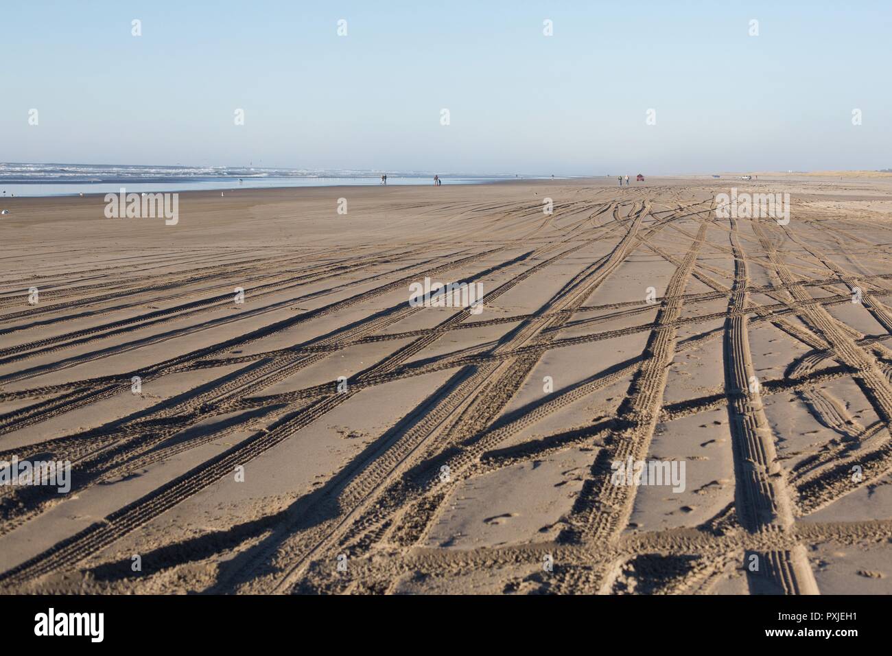 Les traces de pneus dans le sable à Long Beach, California, USA. Banque D'Images