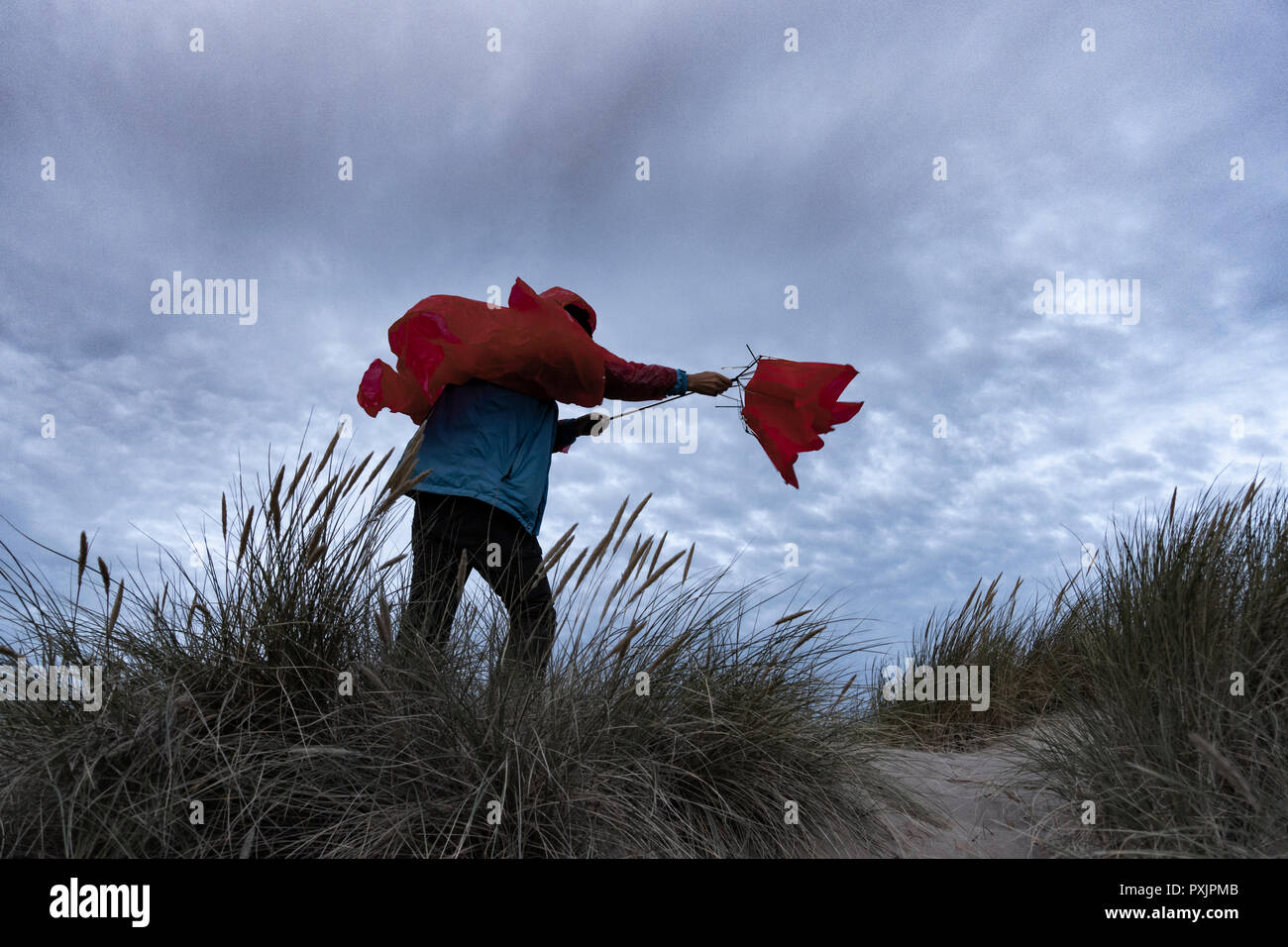 Homme portant un manteau de pluie imperméable rouge luttant avec un parapluie par temps venteux. Banque D'Images