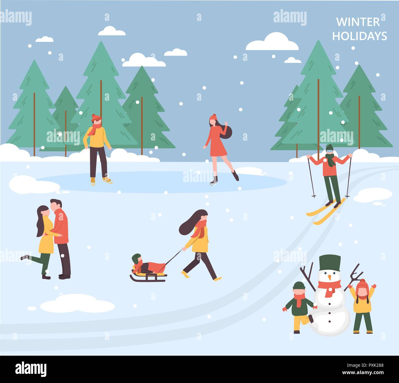 Se détendre dans le parc et célébrer les vacances d'hiver, modèle plat, ensemble d'illustrations vectorielles. Illustration de Vecteur