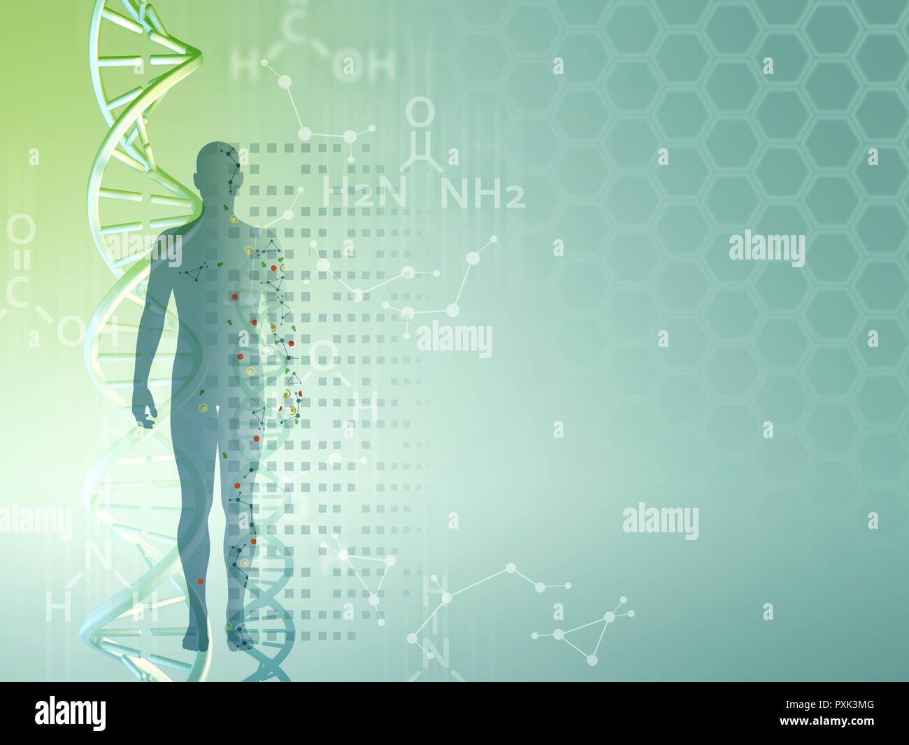 Contexte de la recherche génétique, peut être utilisé comme modèle pour des présentations à thème médical. Illustration numérique. Banque D'Images