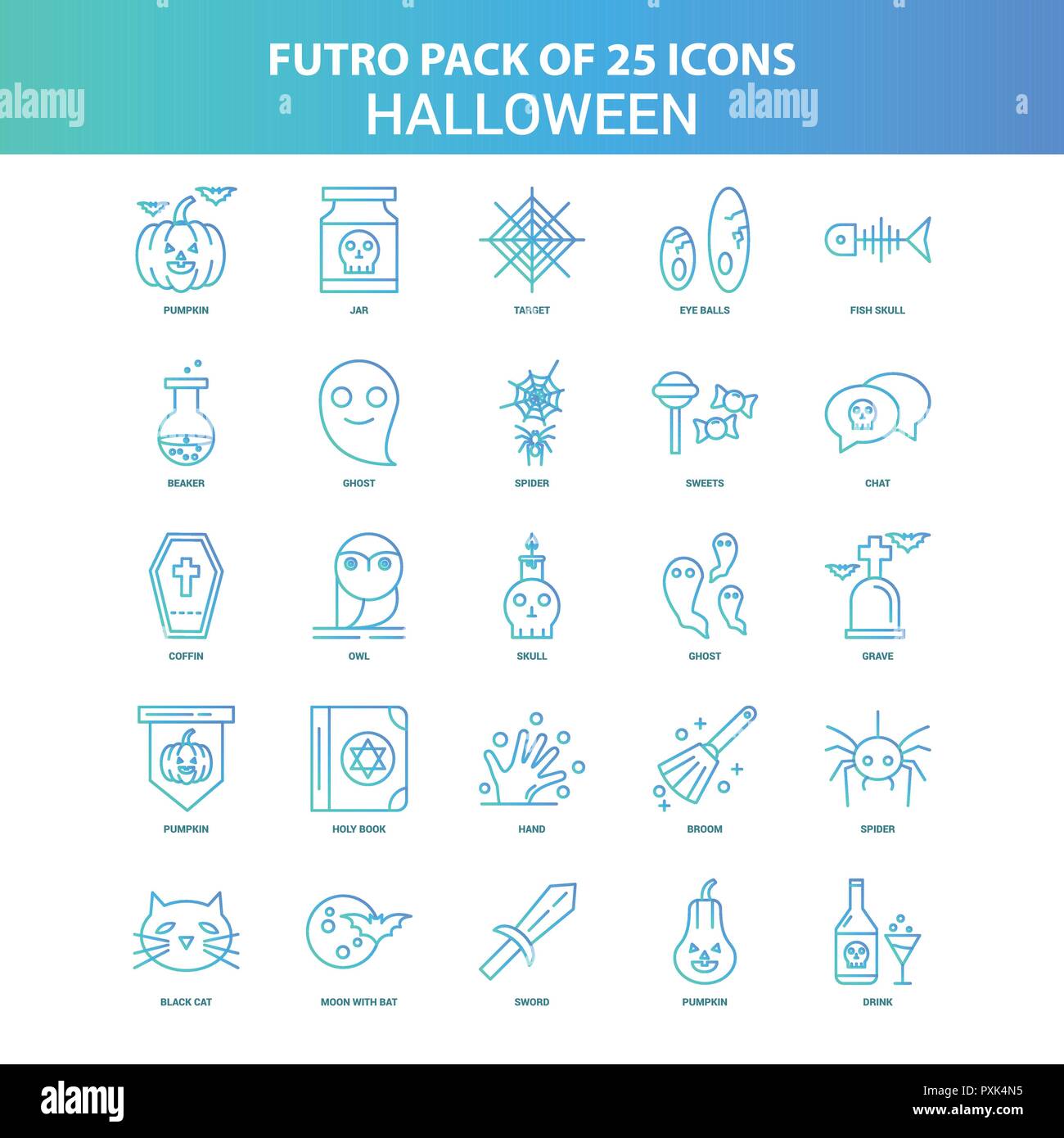 25 Vert et Bleu Futuro Halloween Icon Pack Illustration de Vecteur