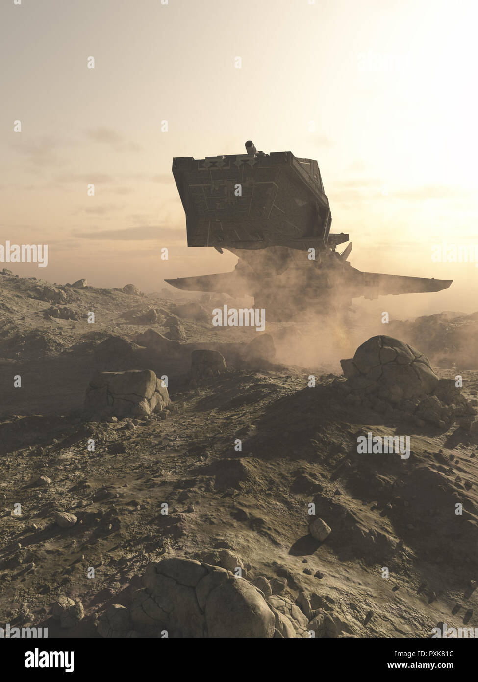 Spaceship landing sur une planète rocheuse Banque D'Images