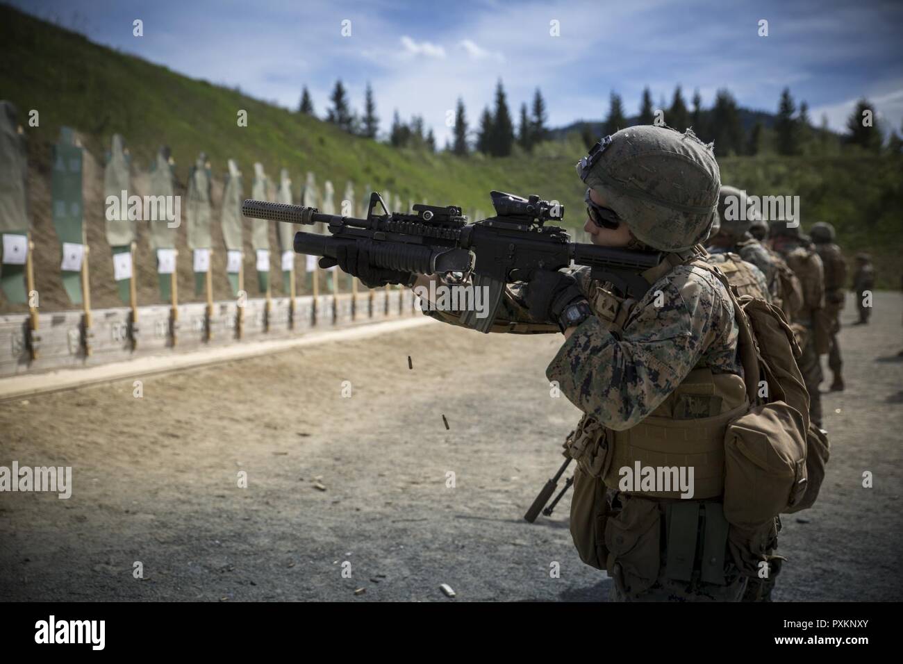 Lance le Cpl. Logan Dennis, un carabinier avec force de rotation maritime 17,1 Europe (MDL-E), exécute un exercice de tir au cours d'un combat non loin de Stjørdal, la Norvège, le 7 juin 2017. Cette gamme fourni marines ayant les compétences, les connaissances, et l'attitude pour réussir en tant que lutte contre le Marksman. MRF-E Marines conduite de tir varie aussi souvent que possible, que la répétition est le meilleur outil pour maintenir l'état de préparation, en particulier lors d'un déploiement. Banque D'Images