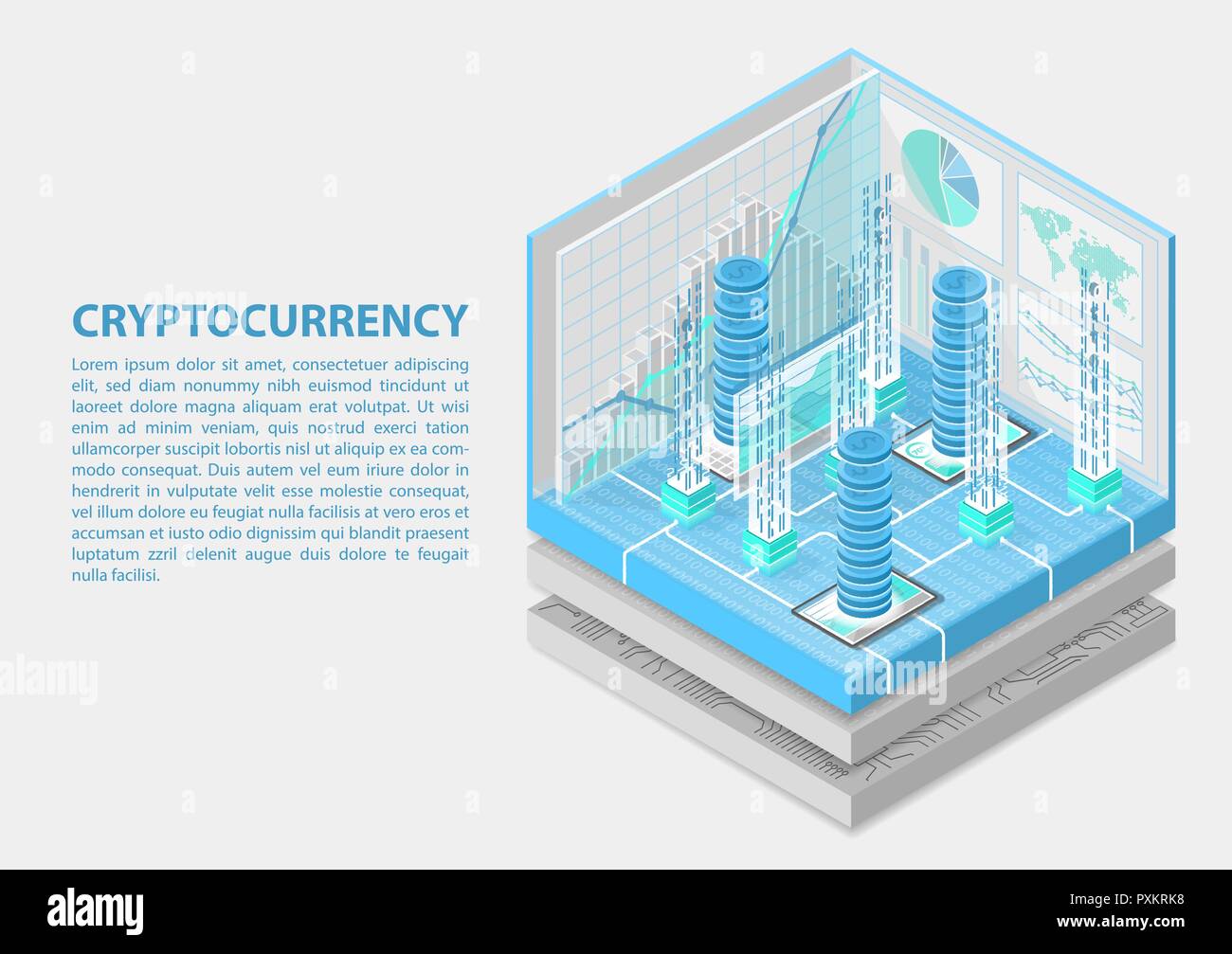 Cryptocurrency vector illustration isométrique. Infographie 3D abstrait pour la technologie financière Illustration de Vecteur