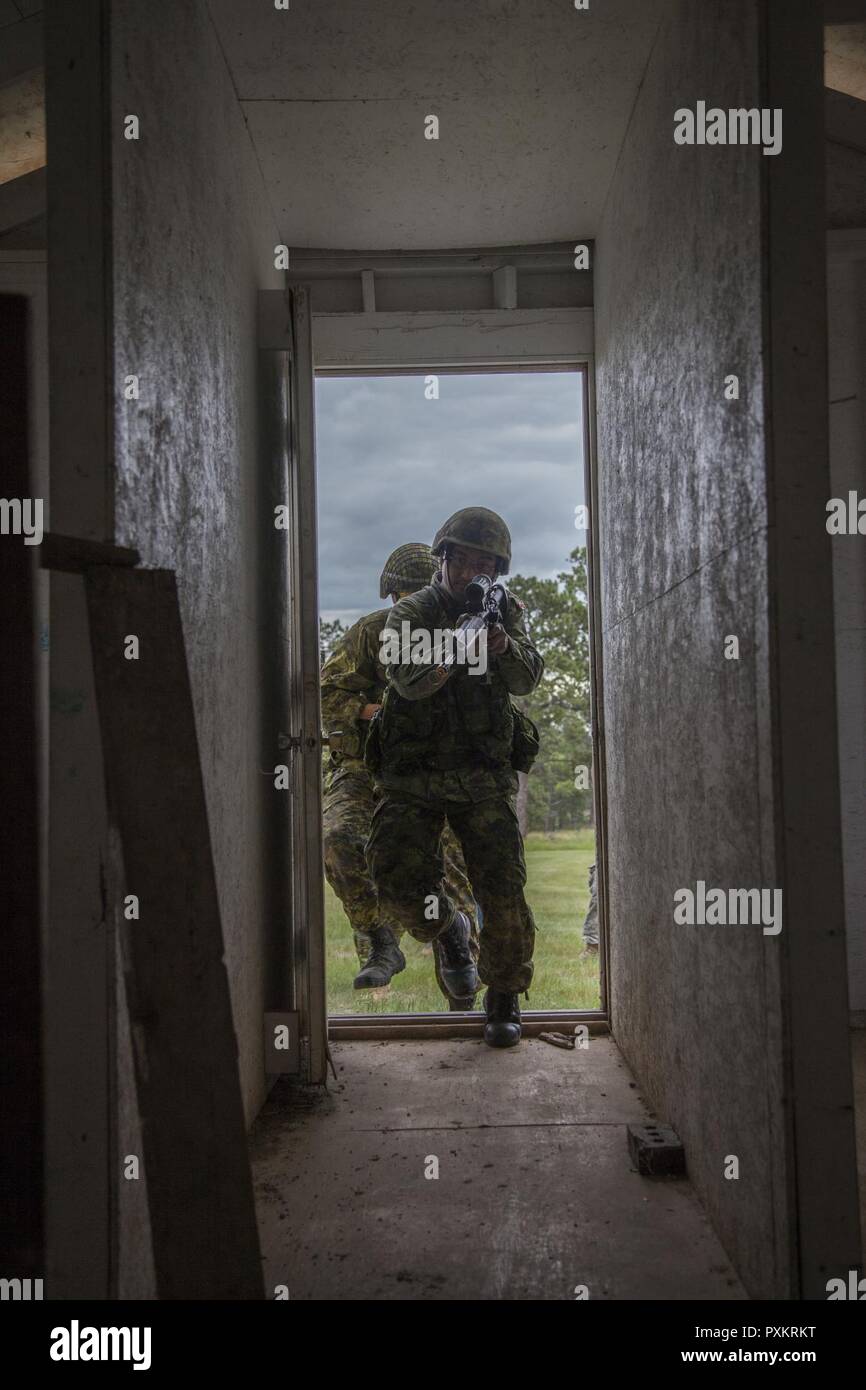 Des soldats de la 3e Division canadienne, de l'Armée canadienne ouvre la pièce pendant la patrouille urbaine voie de formation dans le cadre de l'exercice au Coyote d'or Ouest Camp rapide, S.D., 17 juin 2017. Le Coyote d'or l'exercice est un trois-phase, axée sur des mises en exercice mené dans les Black Hills du Dakota du Sud et le Wyoming, qui permet de se concentrer sur les commandants de mission besoins essentiels concernant la tâche, les tâches et les exercices de combat guerrier. Banque D'Images