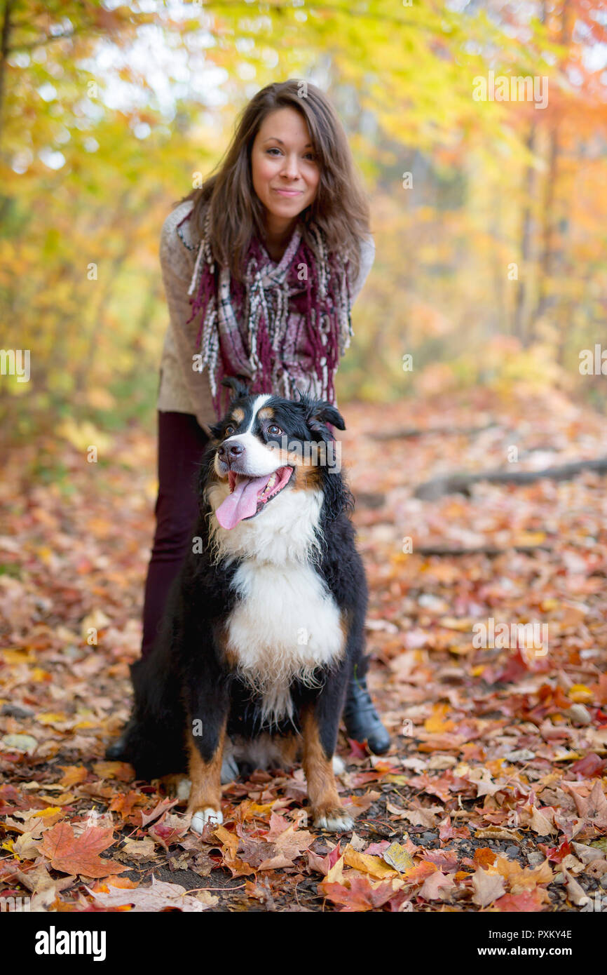 Une fille mignonne avec son chien dans le parc de l'automne. Bernois Banque D'Images