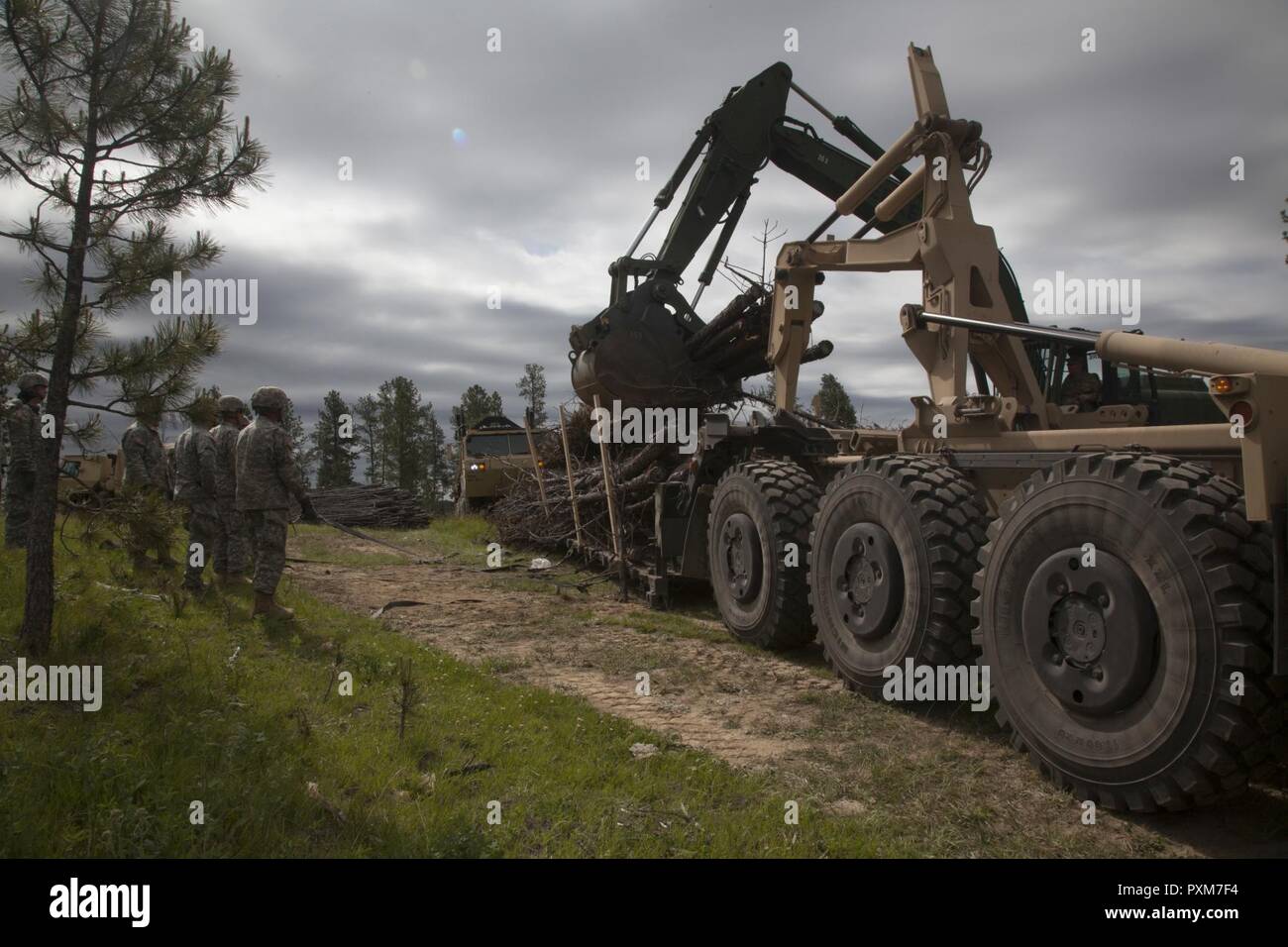 Des soldats américains de la 137e compagnie de transport, Kansas Army National Guard, et 200e compagnie du génie, la Garde nationale du Dakota du Sud, sur palettes de chargement Load Systems pour le bois d'courriers à l'appui de l'opération Golden Coyote, Custer, S.D. 12 Juin, 2017. Le Coyote d'or l'exercice est un trois-phase, axée sur des mises en exercice mené dans les Black Hills du Dakota du Sud et le Wyoming, qui permet de se concentrer sur les commandants de mission besoins essentiels concernant la tâche, les tâches et les exercices de combat guerrier. Banque D'Images