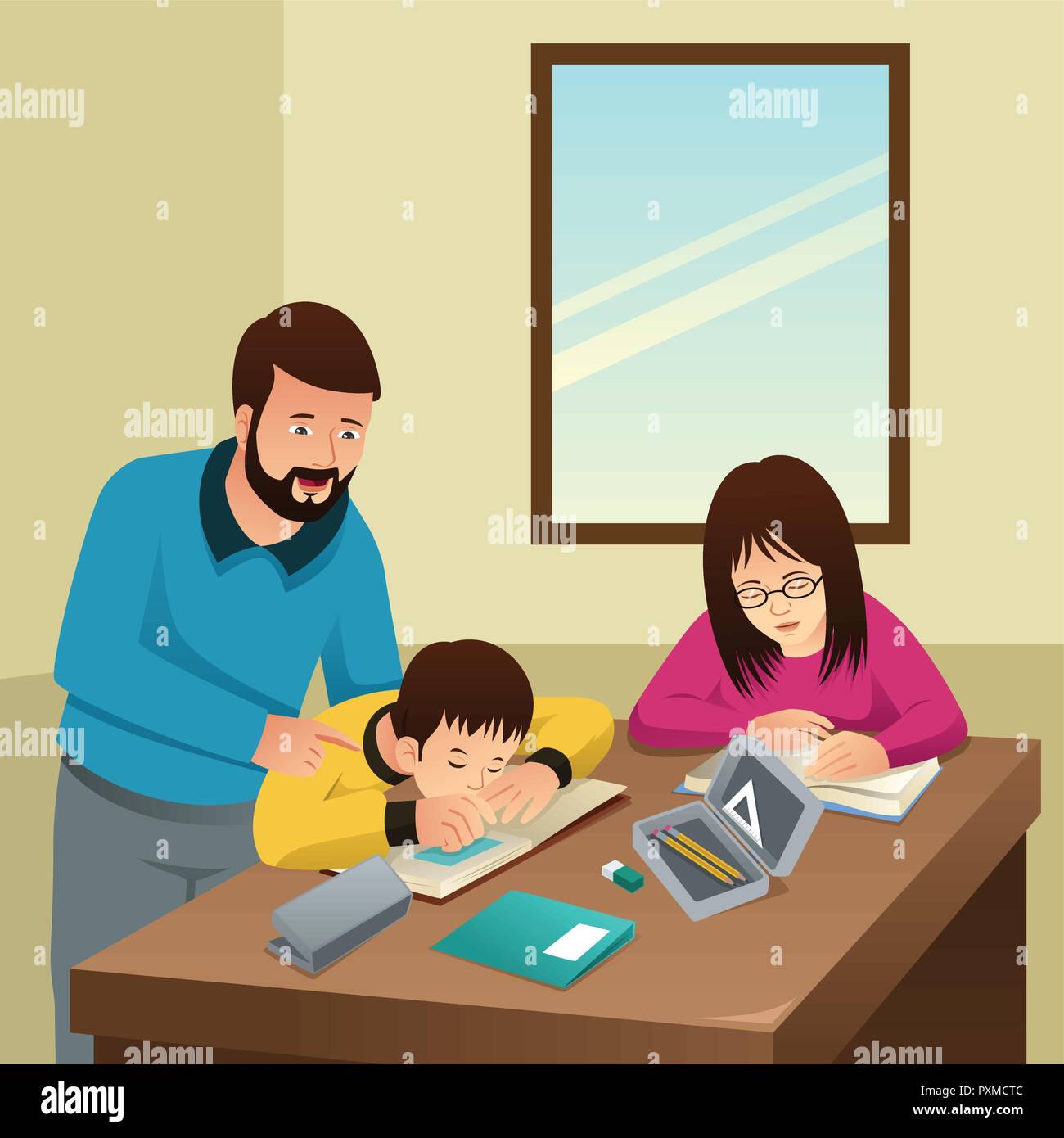 Un vecteur illustration de fatigué d'étudier les enfants avec leur père à la maison Illustration de Vecteur