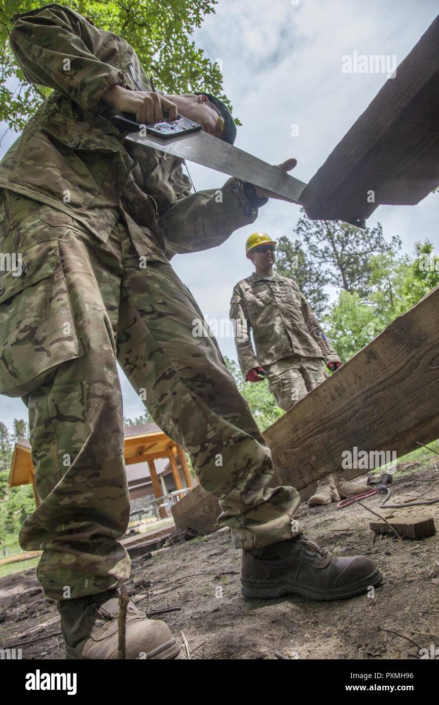 Soldat danois Lance Cpl. Stephen Bjerre, 3e Bataillon de construction, de l'armée danoise bp sur un morceau de bois d'un pont piétonnier au cours de l'exercice au Coyote d'or Custer State Park, Custer, S.D., 16 juin 2017. Le Coyote d'or l'exercice est un trois-phase, axée sur des mises en exercice mené dans les Black Hills du Dakota du Sud et le Wyoming, qui permet de se concentrer sur les commandants de mission besoins essentiels concernant la tâche, les tâches et les exercices de combat guerrier. Banque D'Images