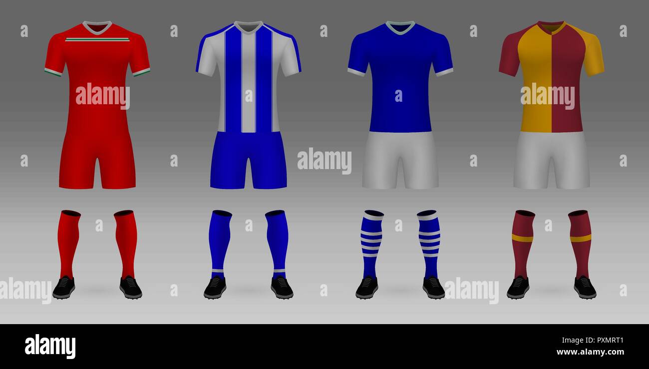 Ensemble de modèles réalistes 3D soccer jersey le Lokomotiv Moscou, Porto, Schalke, Galatasaray. t-shirt avec un pantalon et des chaussettes sur toile boutique. Maquette de foo Illustration de Vecteur