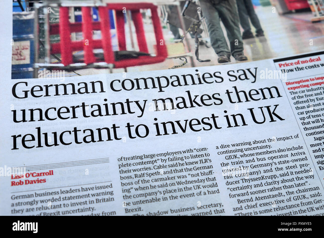 Guardian article 'incertitude sociétés disent les rend réticents à investir dans l'UK' Juillet 2018 Banque D'Images