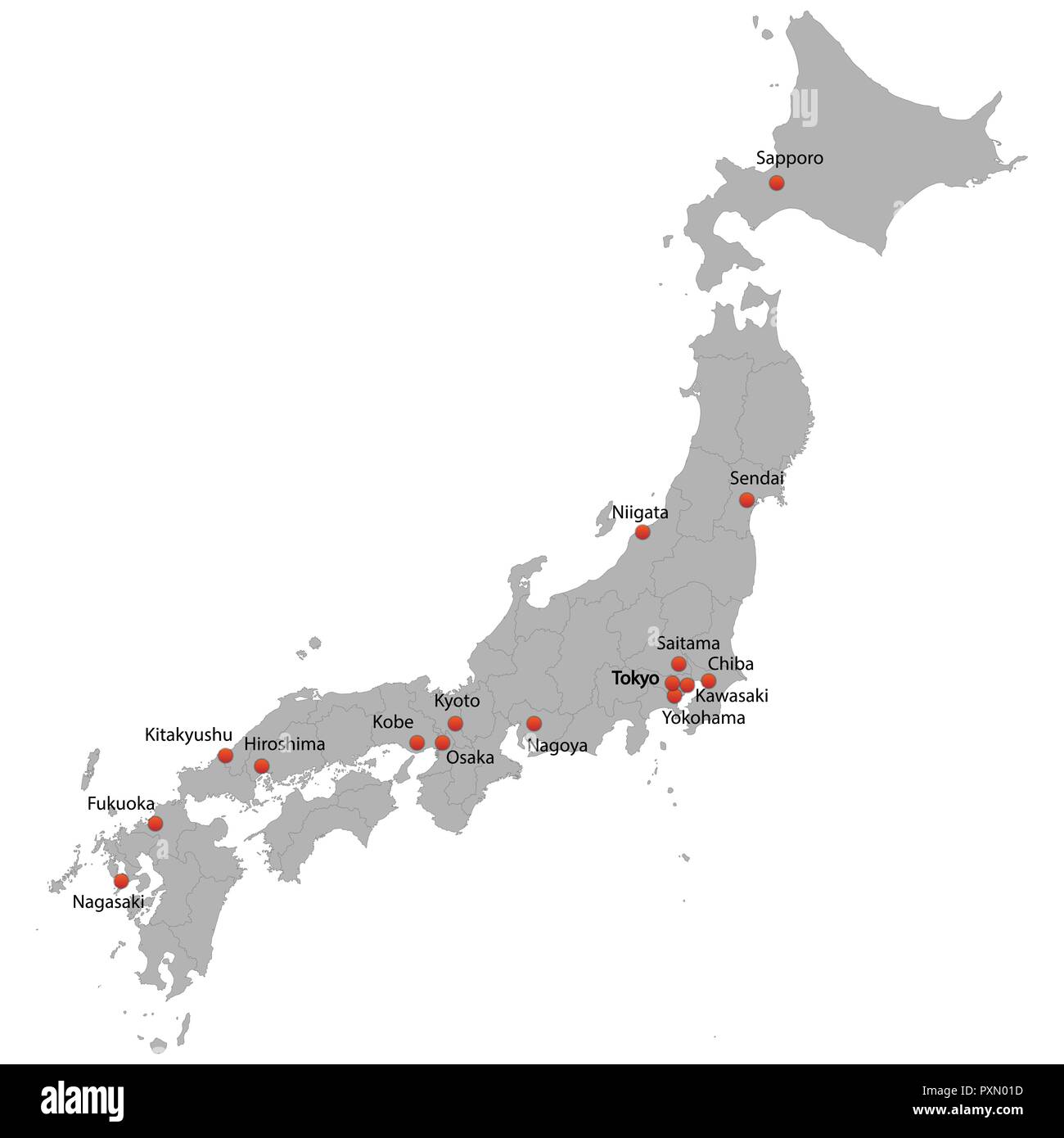 Carte Detaillee Du Japon Avec Les Villes Image Vectorielle Stock Alamy