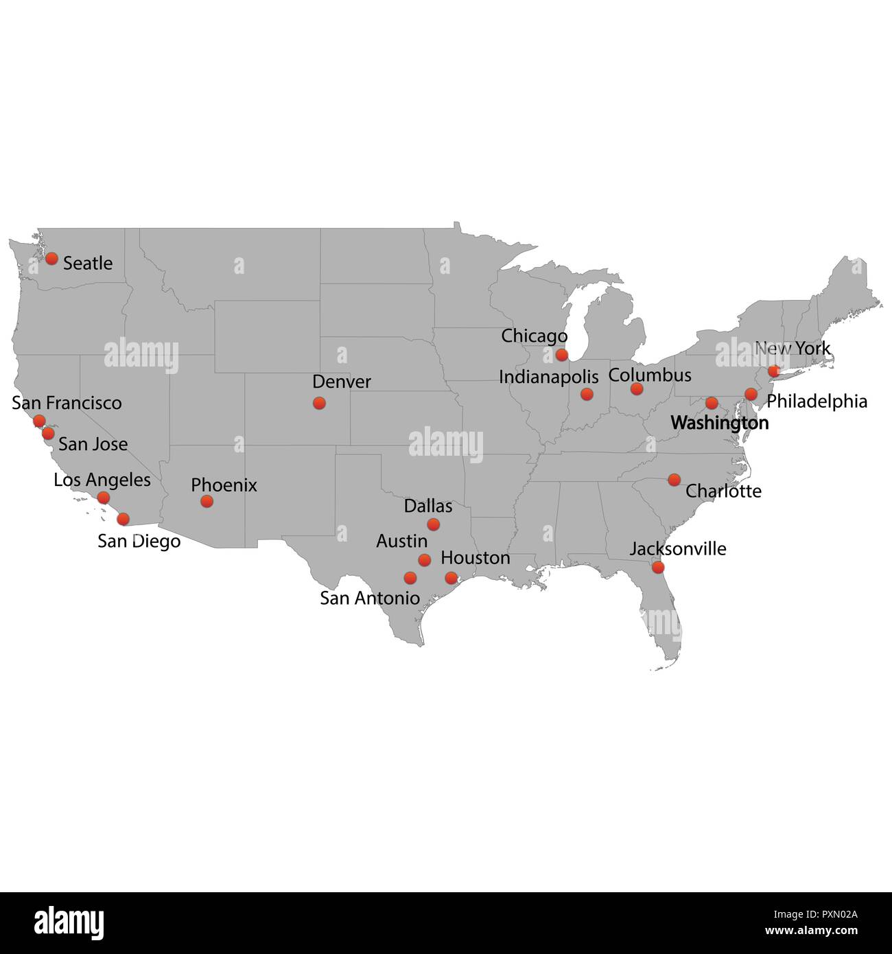 Carte détaillée de l'United States avec les villes Illustration de Vecteur