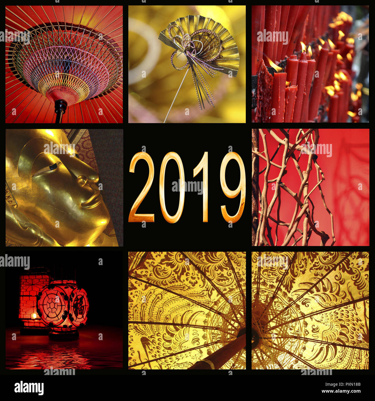 En 2019, rouge et or de l'Asie zen photo collage Banque D'Images