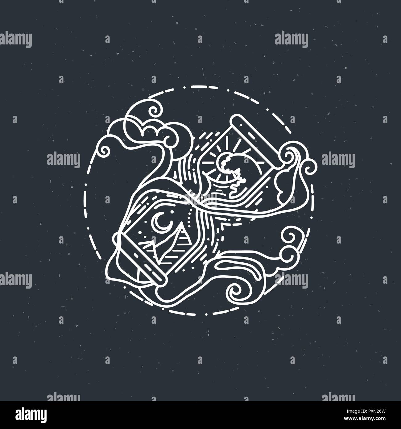 Hourglass sacrée - linéaire style design illustration isolé. Concept art vecteur de tatouage Illustration de Vecteur