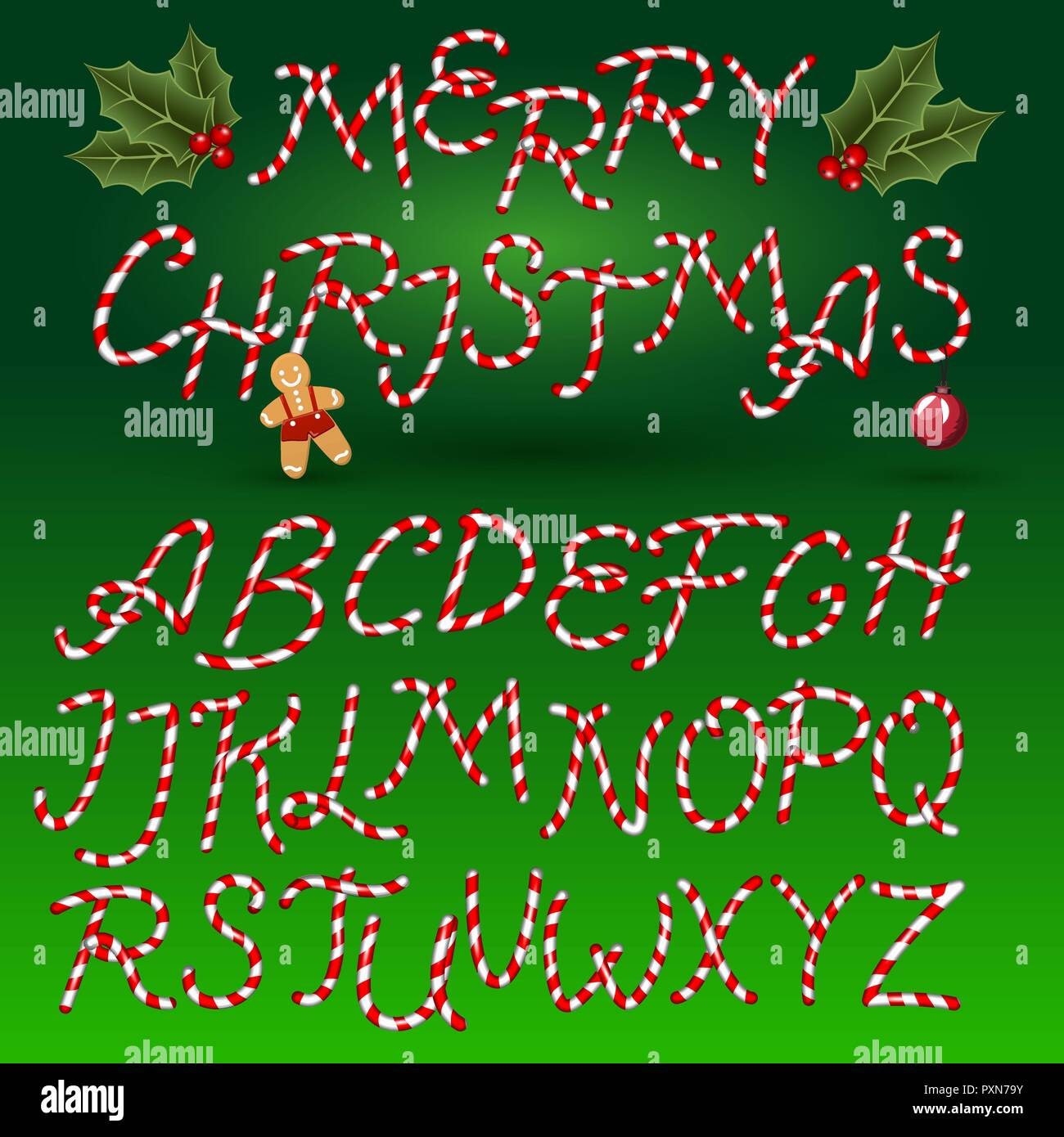 Canne de Noël Font. Sweet Comic Alphabet Set. Isolées. Modèle de lettrage. Les enfants du sucre rose. Cartoon Vector illustration pour l'affiche du parti ou des étiquettes. Joyeux Noël. Illustration de Vecteur