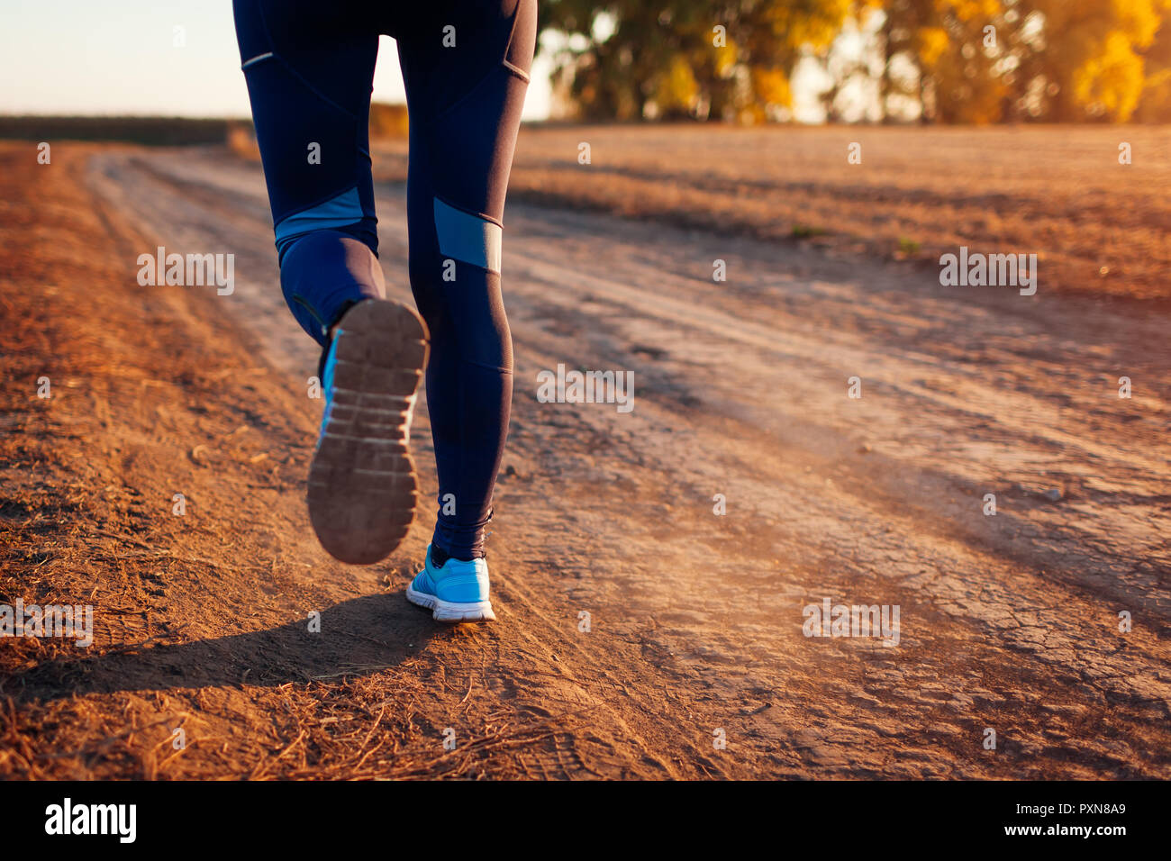 Femme d'exécution dans le champ d'automne au coucher du soleil. Concept de vie sain. Sportifs actifs. Close up de jambes Banque D'Images