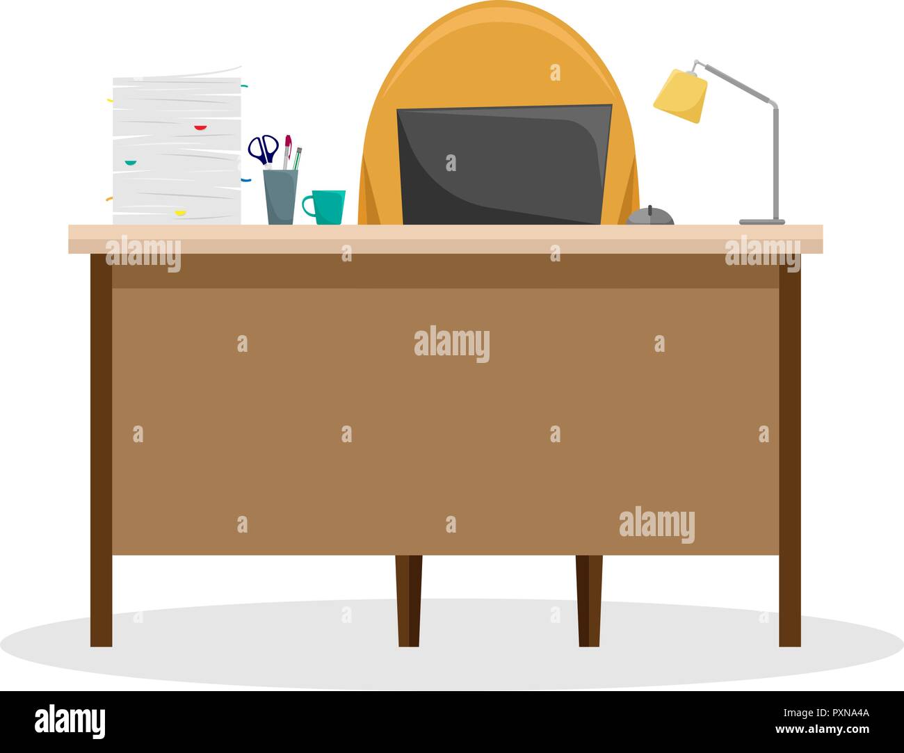 Bureau avec une lampe, une pile de documents et un ordinateur portable. Vector illustration. Illustration de Vecteur