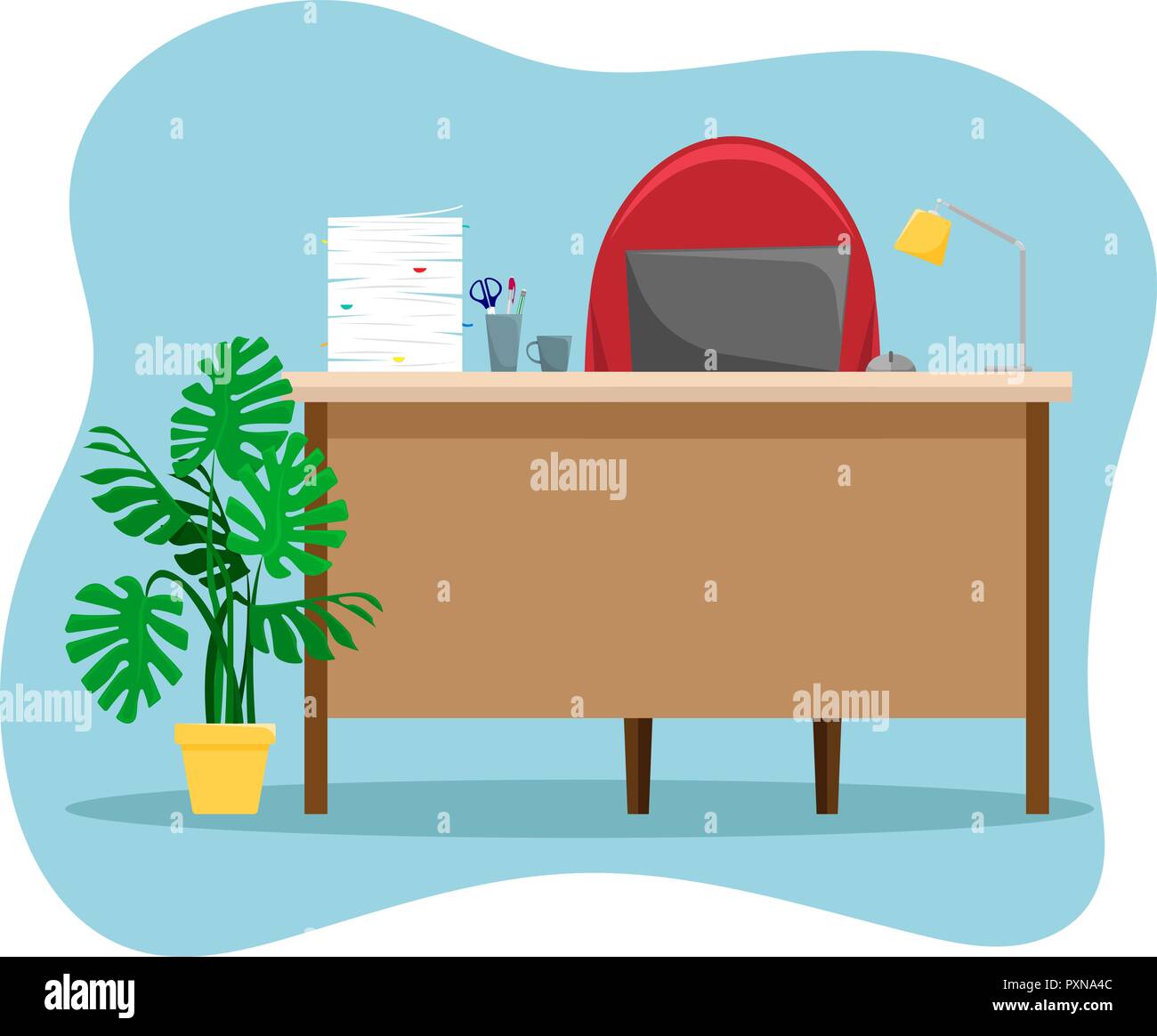 Bureau avec une lampe, une pile de documents et un ordinateur portable. Vector illustration. Illustration de Vecteur