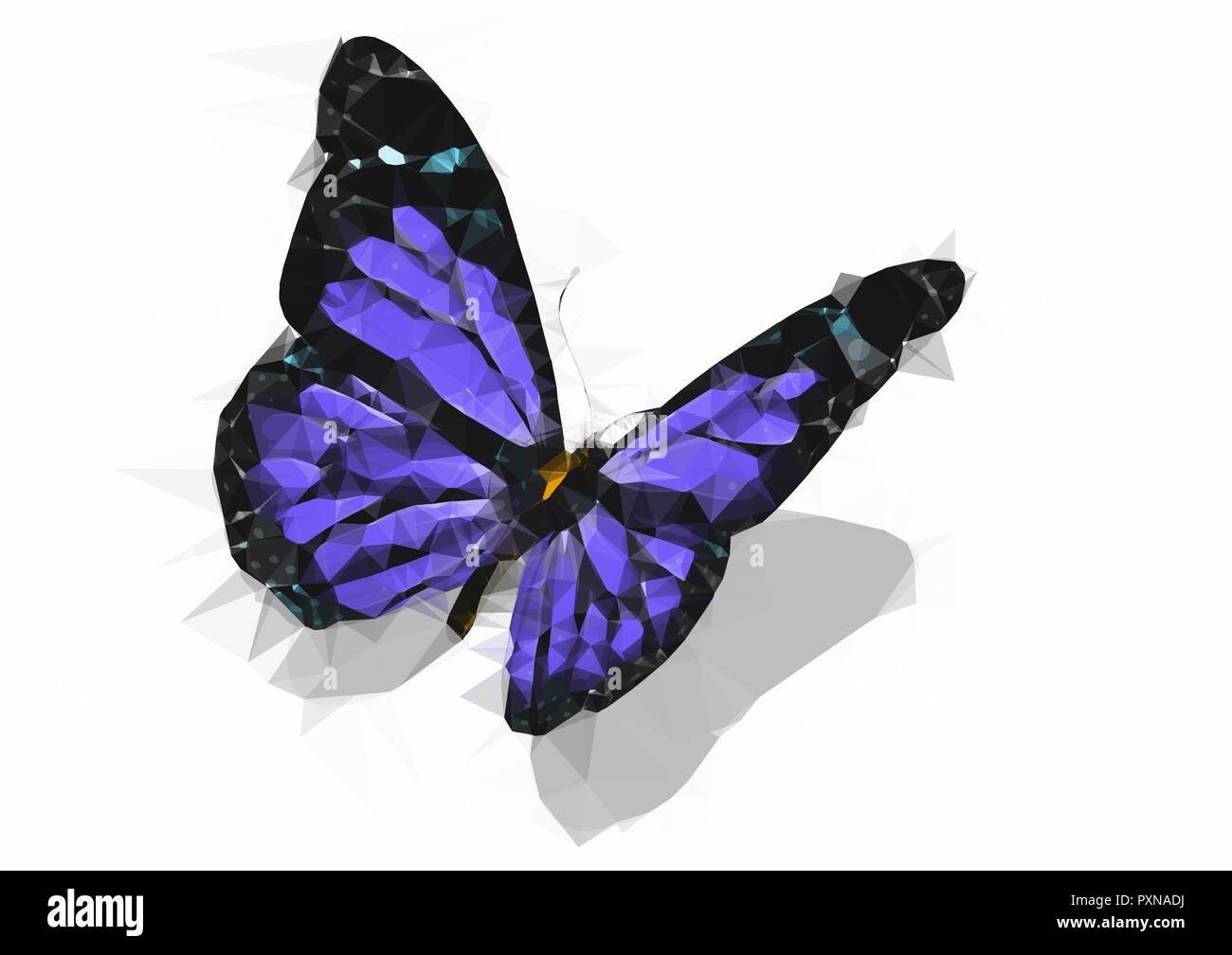 Papillon polygonale isolé sur blanc. Illustration insecte poly faible. Image animaux couleur Triangle. Banque D'Images