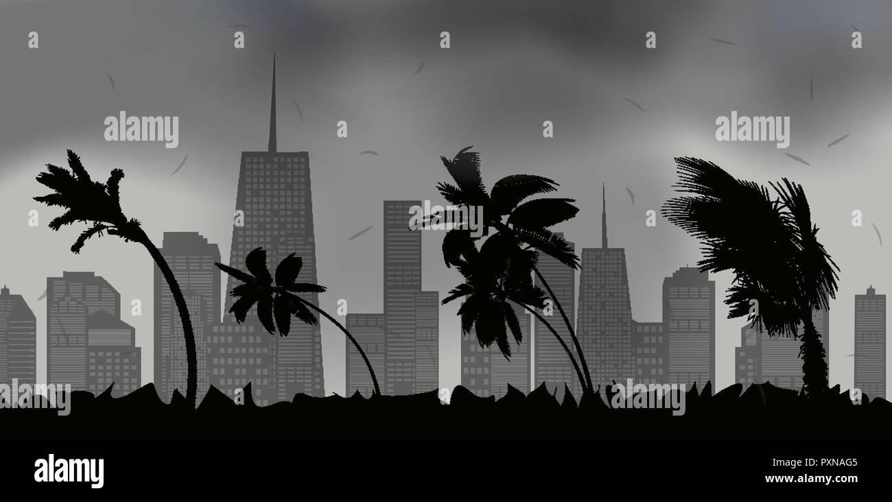 Palmiers au cours de tempête et l'ouragan. Laisse voler à travers le ciel de la ville à partir de la tempête. Vector Illustration Illustration de Vecteur