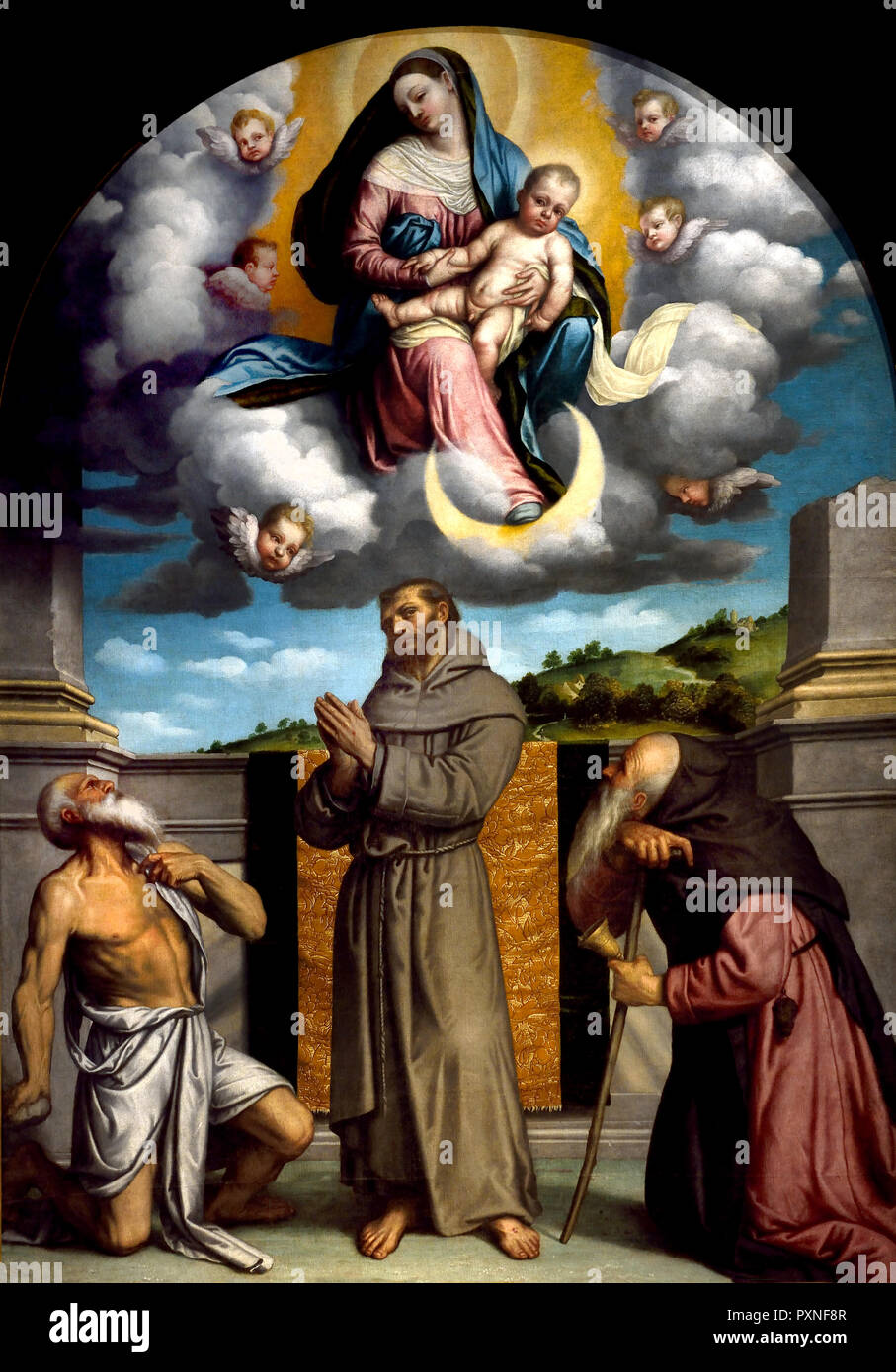 Vierge à l'enfant en gloire avec les Saints Jérôme, François et Anthony d'Égypte 1543 Alessandro Bonvicino Moretto (1498-1552) l'Italie, l'italien. Banque D'Images