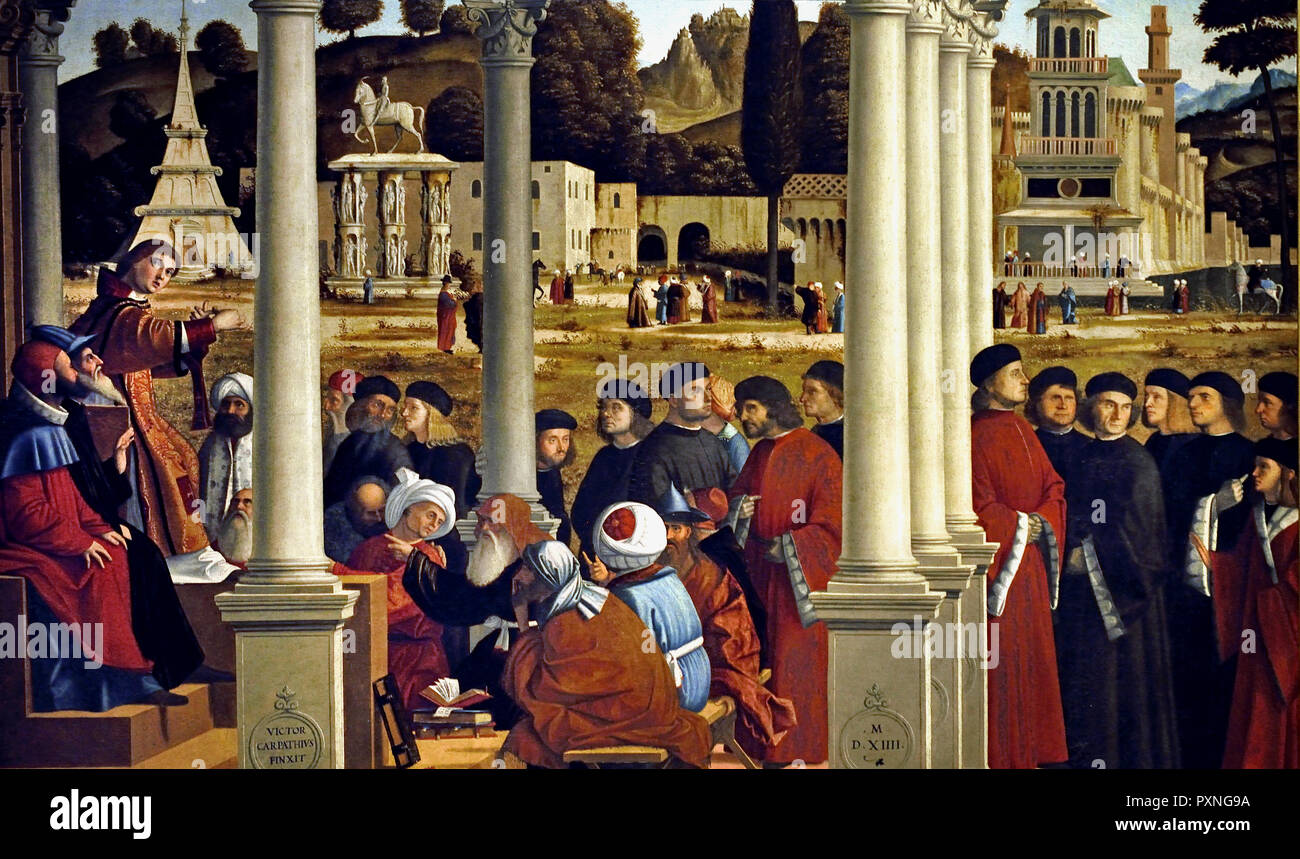 La dispute de Saint Stephen parmi les anciens (les médecins) dans le Sanhédrin 1514 Italie 1460-1525 Vittore Carpaccio. L'italien. Banque D'Images