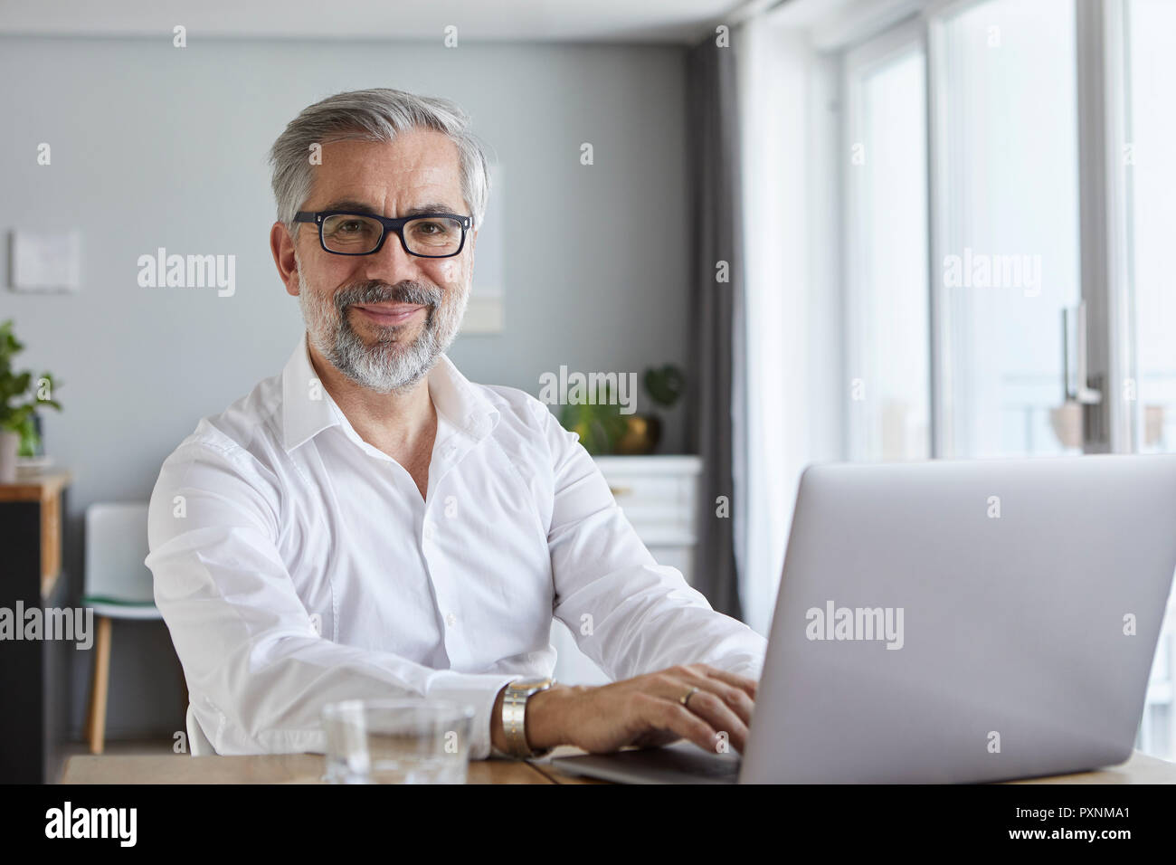 Portrait of smiling young man using laptop at home Banque D'Images