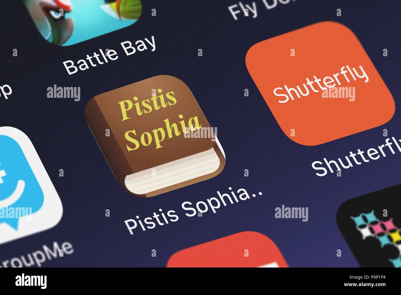 Londres, Royaume-Uni - 23 octobre 2018 : Capture de l'écriture gnostique Pistis Sophia (application mobile) d'Oleg Shukalovich icône sur un iPhone. Banque D'Images