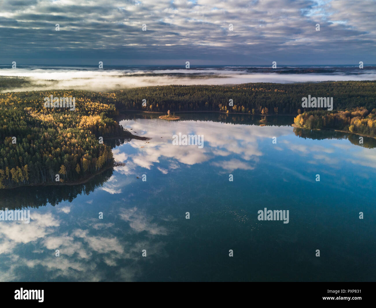 Vue aérienne du lac de l'automne en Lituanie Banque D'Images