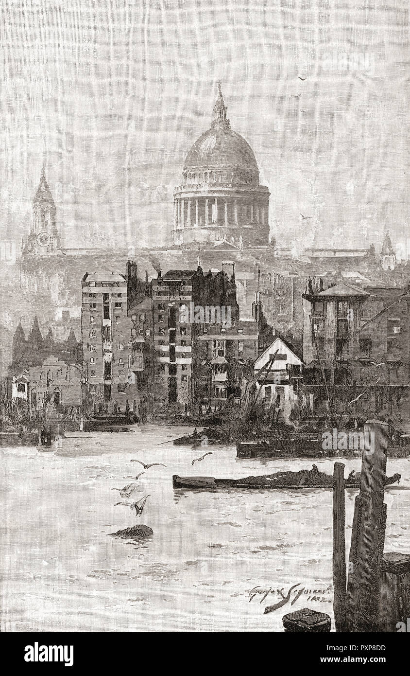 La Cathédrale St Paul, Londres, Angleterre, vu de la Tamise au 19e siècle. Photos de Londres, publié en 1890. Banque D'Images