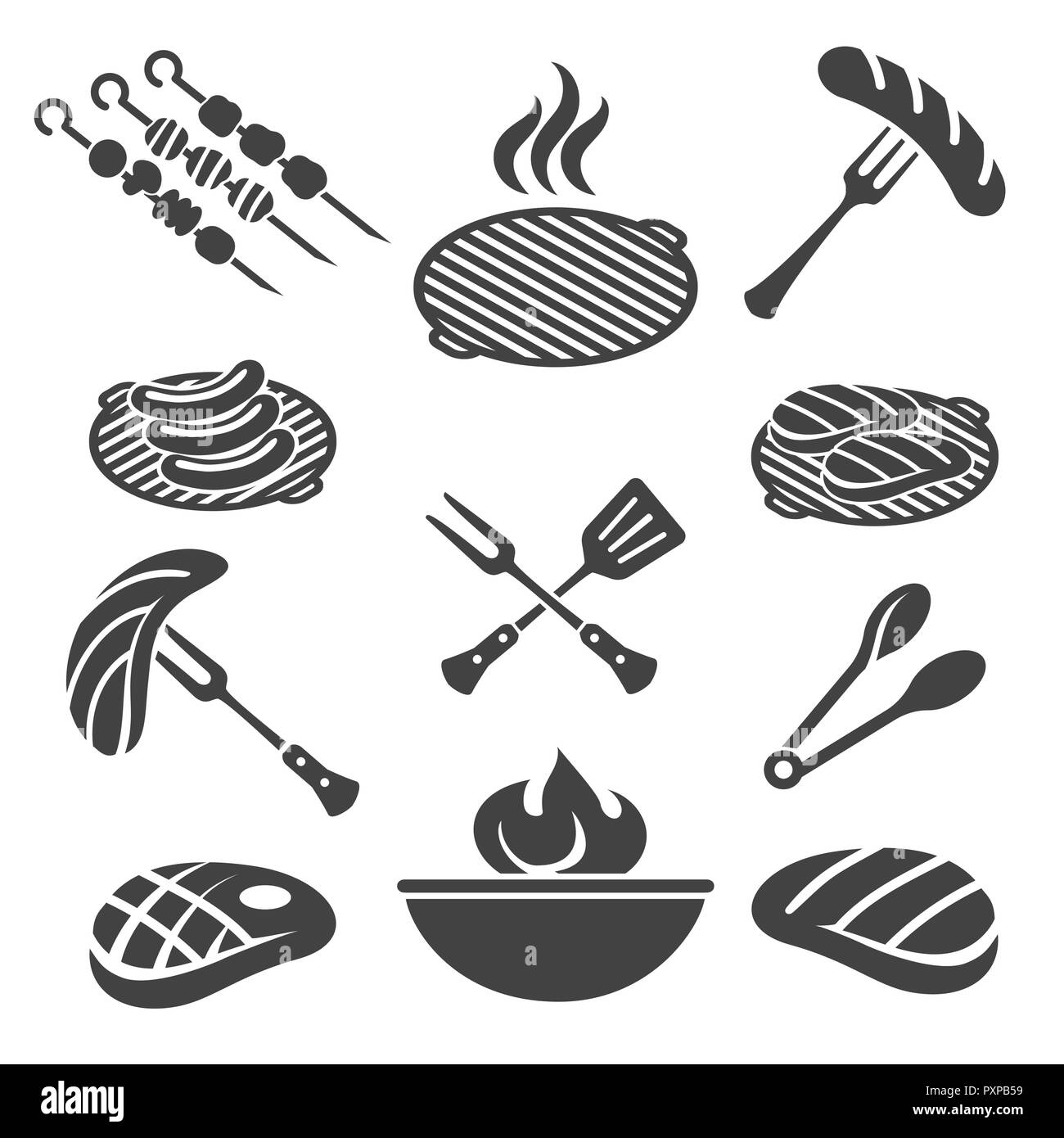 Un barbecue d'icônes. Icon Set barbecue avec escalope de porc et saucisses, chef de la fourche et la sauce tomate, vector illustration Illustration de Vecteur