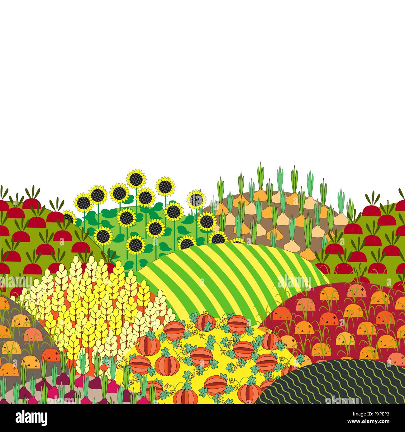 Cartoon paysage rural de collines et de champs, vector illustration. Illustration de Vecteur