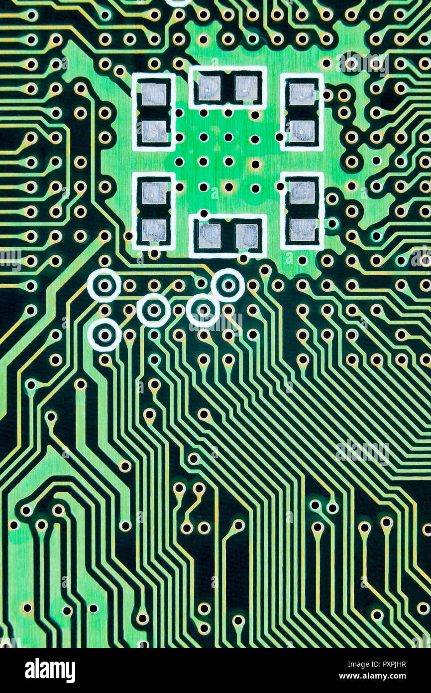 Gros plan de circuit conducteur montrant des traces, et des points de test Banque D'Images