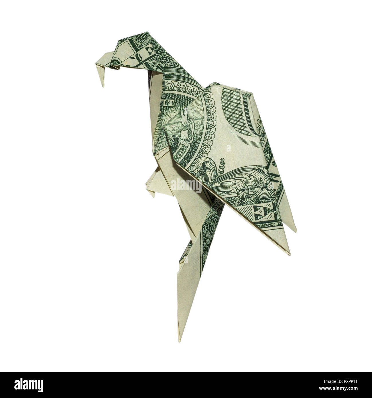 Perroquet Origami argent plié avec du vrai One Dollar Bill isolé sur fond blanc Banque D'Images
