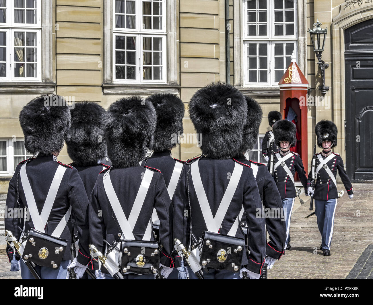 Les gardiens de la vie royale devant le Palais d'Amalienborg, Copenhague, Danemark, Europe Banque D'Images