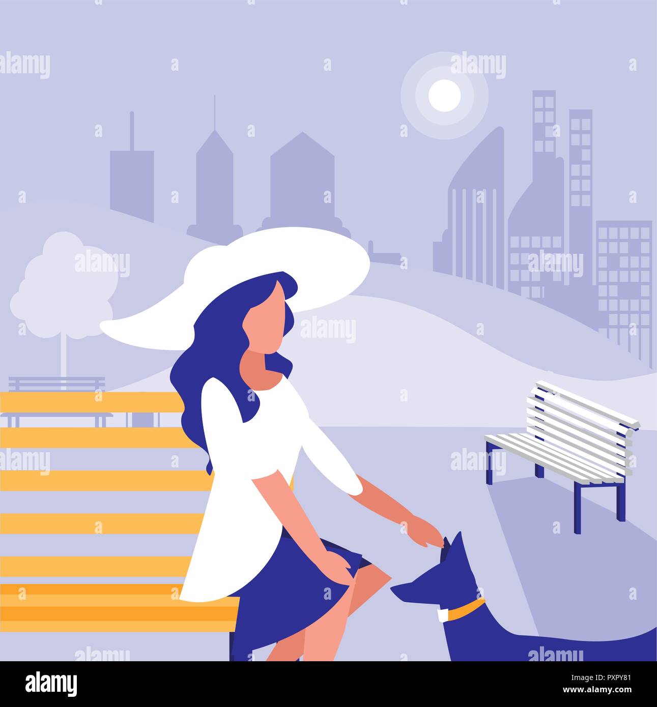 Parc avec femme avec un chien assis sur un banc icône sur fond violet, vector illustration Illustration de Vecteur