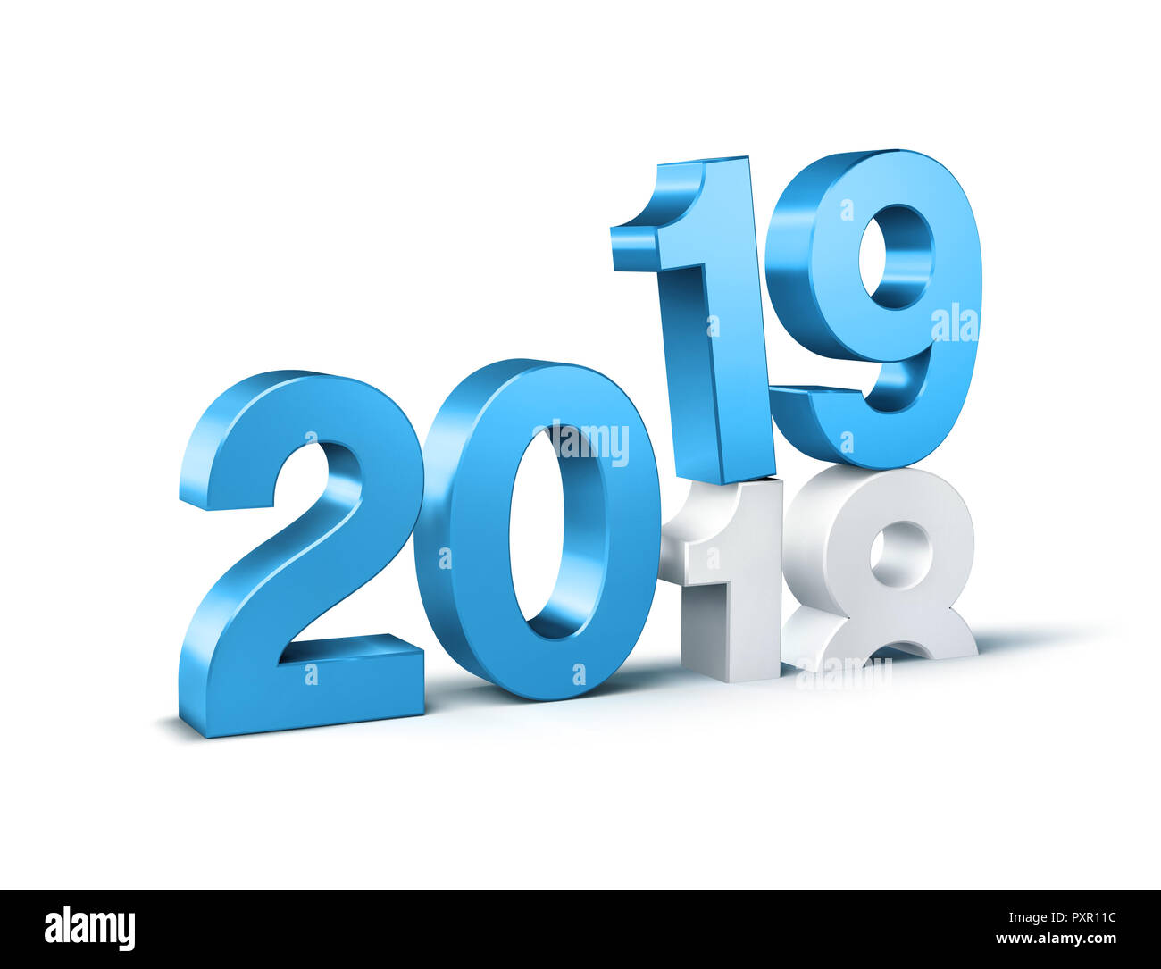 Nouvelle Année bleu date nombre 2019 au-dessus de 2018, isolé sur blanc - 3D illustration Banque D'Images