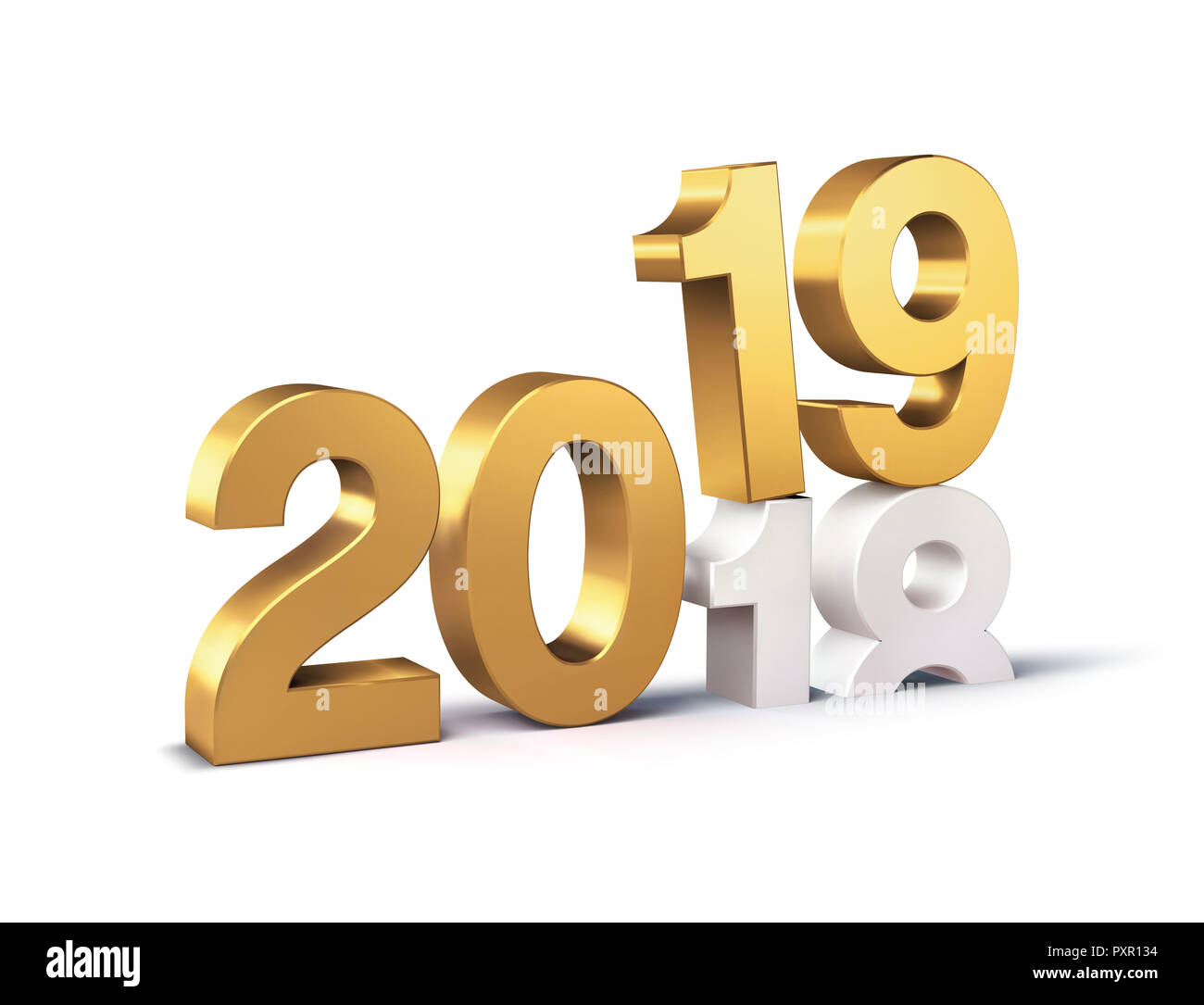 Or Nouvel An date nombre 2019 au-dessus de 2018, isolé sur blanc - 3D illustration Banque D'Images