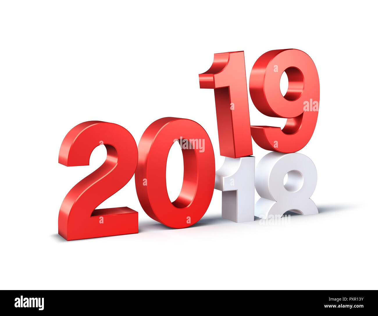 Nouvel An rouge date nombre 2019 au-dessus de 2018, isolé sur blanc - 3D illustration Banque D'Images