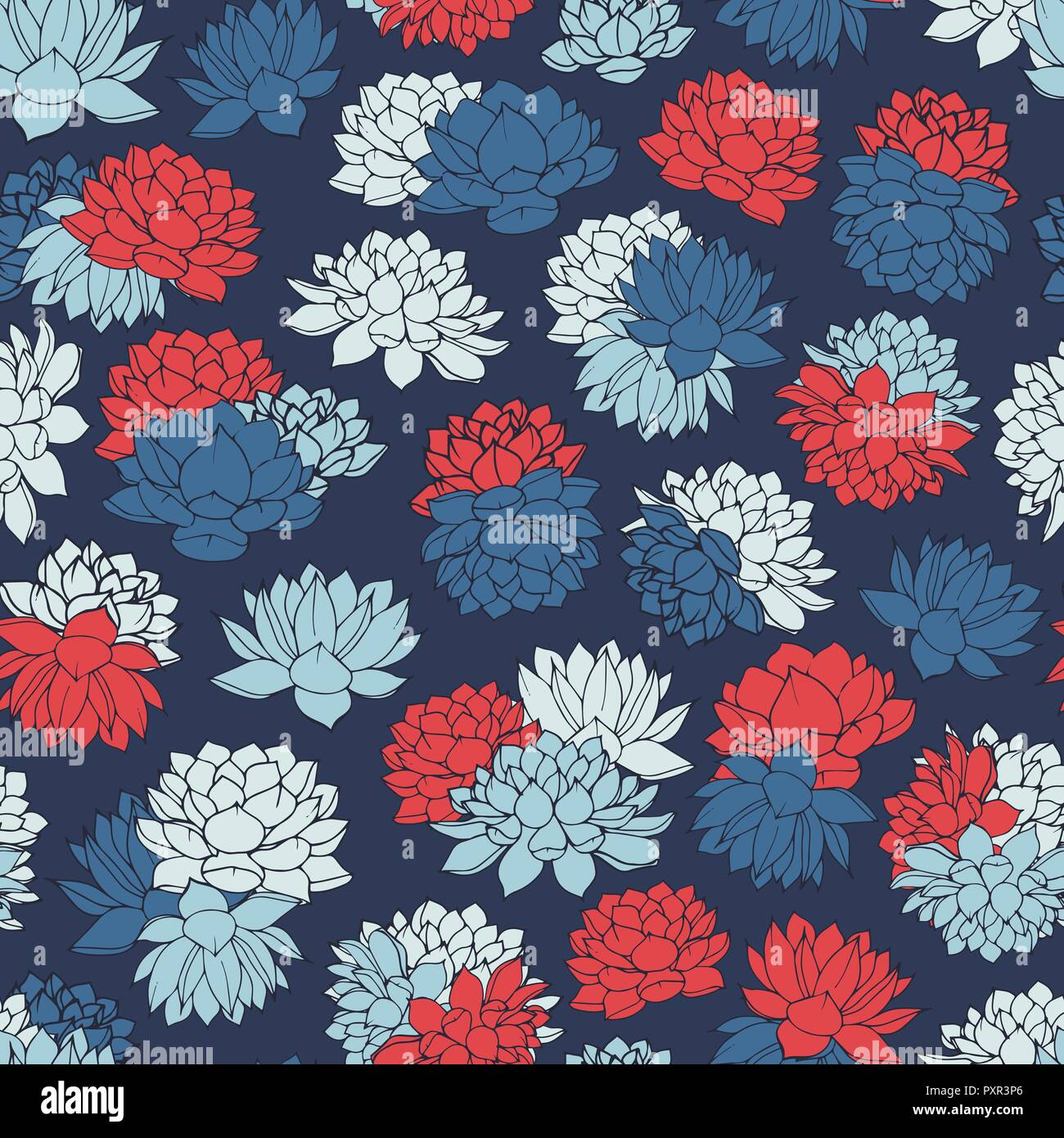 Colorful hand drawn vector seamless pattern lis en blanc, rouge et bleu sur fond bleu marine. Vintage floral design. Illustration de Vecteur