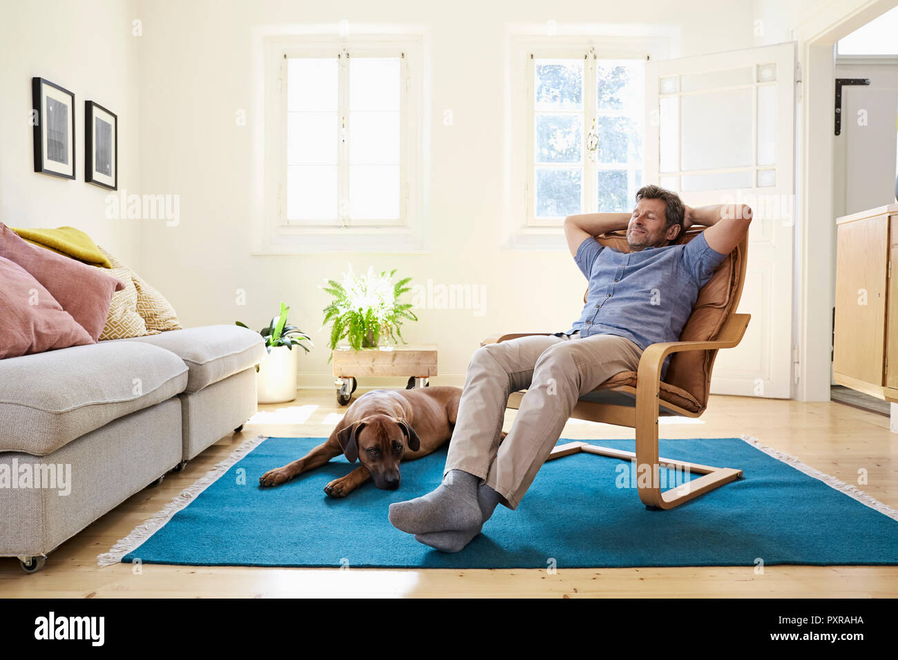 L'homme à la maison avec son chien à ses côtés Banque D'Images