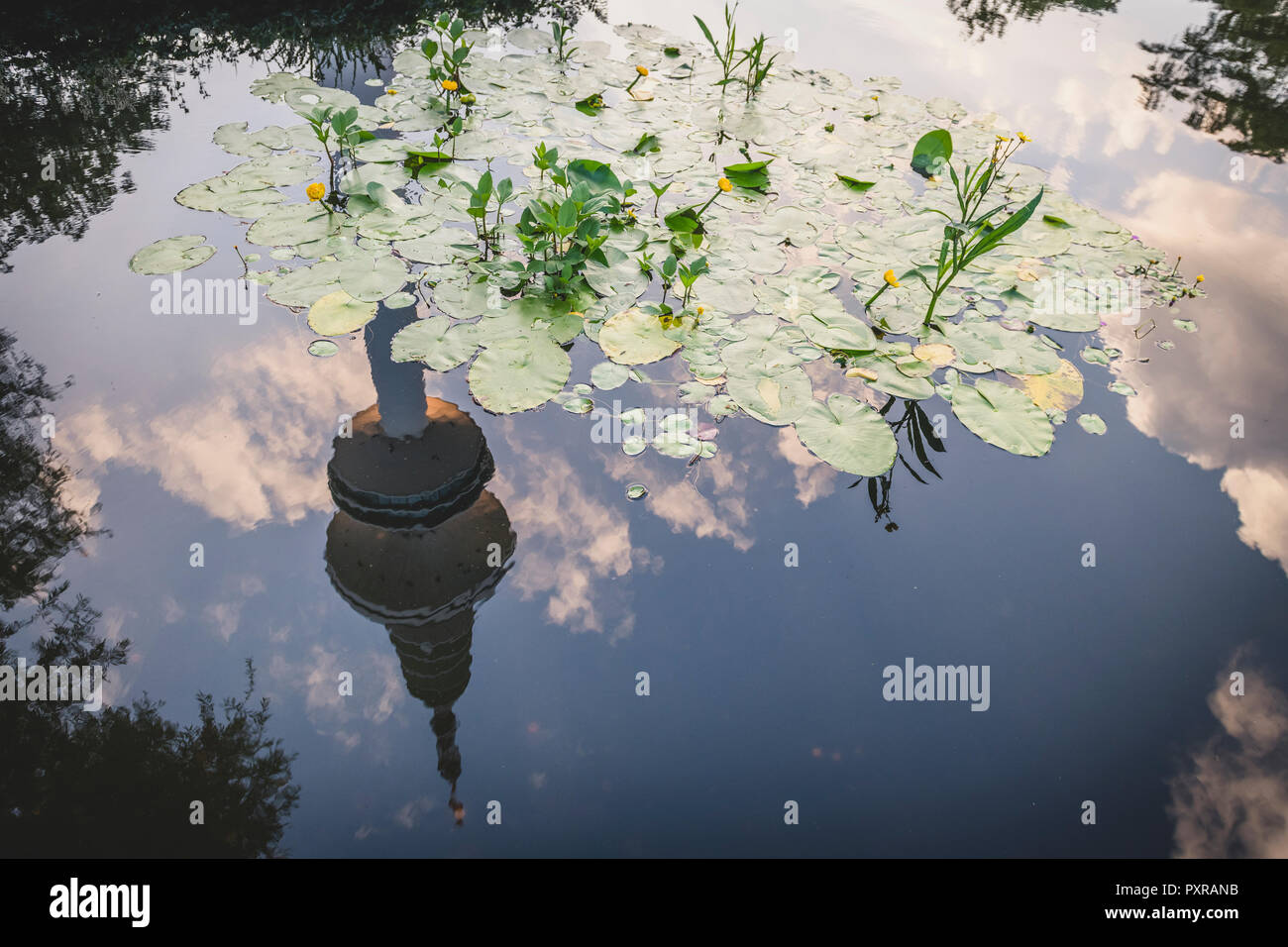 Allemagne, Hambourg, Jardins Planten un Blomen, tour de la télévision en miroir dans l'eau Banque D'Images